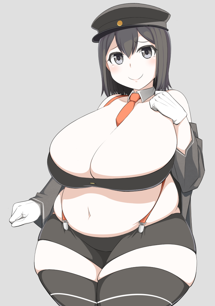 akitsu_maru_(kantai_collection) bandeau between_breasts big_belly black_eyes black_hair black_legwear blush bra breasts breasts_between_suspenders deep_skin fat fat_rolls female gloves hat jacket kantai_collection large_breasts magure_senshi military_hat navel necktie necktie_between_breasts obese off_shoulder sagging_breasts short_hair shorts skindentation smile solo strapless strapless_bra suspenders thighhighs underwear undressing white_gloves wide_hips