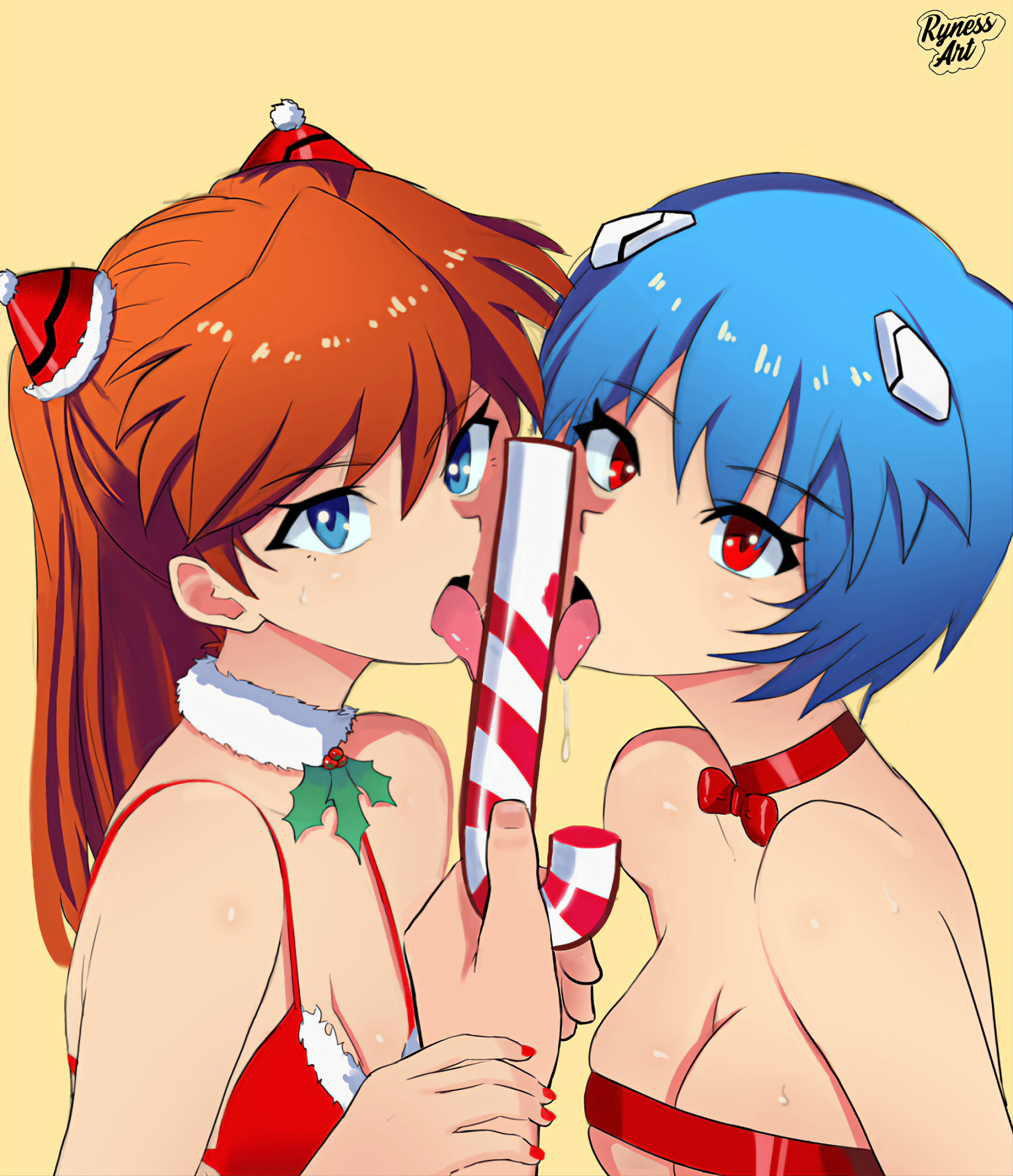2girls, asuka langley sohryu, balllicka, blue eyes, blue hair, bra, breasts, candy cane, christmas, disembodied hand, female, female only, large breasts, licking, looking at viewer, multiple females, multiple girls, neon genesis evangelion, red eyes, red hair, rei ayanami, rynessart, suggestive, tongue, tongue out