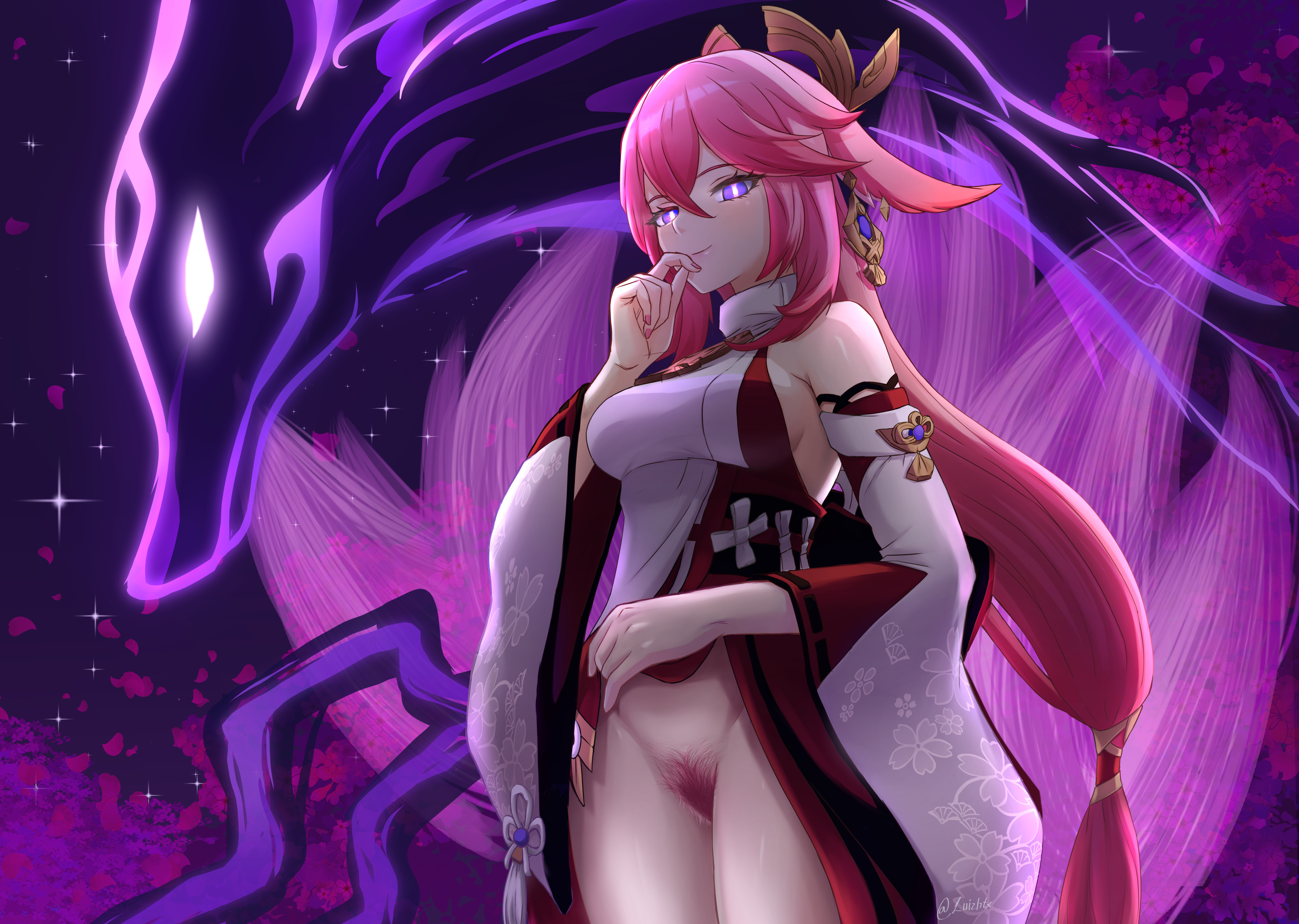 1girls, 2022, 2d, 2d (artwork), absurdres, animal ears, bare shoulders, breasts, bright pupils, cherry blossoms, clothes lift, clothing aside, colored pubic hair, cowboy shot, detached sleeves, earrings, energy, female, female only, floppy ears, fox ears, fox girl, fox spirit, fox tail, genshin impact, glowing, glowing eyes, hair between eyes, hair ornament, hand to own mouth, highres, japanese clothes, jewelry, kitsune, light skin, light-skinned female, long hair, looking at viewer, low-tied long hair, luizhtx, magic, medium breasts, multi tail, night, no panties, no sex, nontraditional miko, outdoors, petals, pink hair, pink nails, pink pubic hair, powers, presenting, presenting pussy, pubic hair, purple background, purple eyes, purple pupils, purple tail, pussy, self exposure, sideboob, slit pupils, smug, solo, solo female, spirit, starry background, tail, teasing, teasing viewer, very long hair, vision (genshin impact), wide sleeves, yae miko
