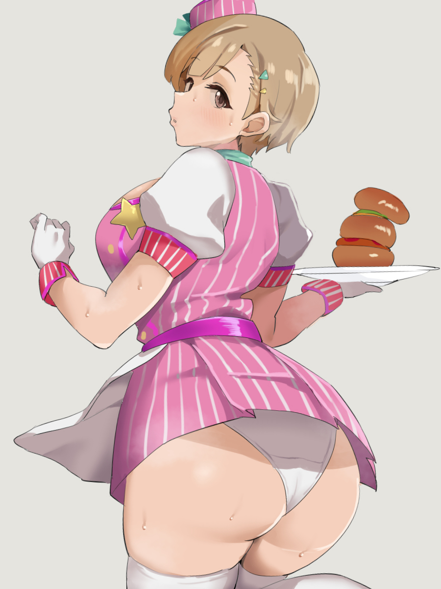 1girls apron ass bangs big_ass big_breasts breasts brown_eyes brown_hair burger butt clothes clothing color colored commentary_request dress employee_uniform eyebrows_visible_through_hair fast_food_uniform female female_focus female_only female_solo food from_behind fukuda_noriko gloves grey_background hair_ornament hairclip hands_up hat headwear highres holding holding_plate idolmaster idolmaster_million_live! idolmaster_million_live!_theater_days large_breasts light-skinned_female light_skin looking_at_viewer looking_back moro77kan_(バカ乳/morokan77) only_female panties pantyshot parted_lips pink_dress pink_headwear plate plump puffy_short_sleeves puffy_sleeves short_dress short_hair short_sleeves simple_background solo solo_focus standing striped striped_dress sweat sweatdrop sweatdrops sweaty sweaty_butt thighhighs underwear uniform very_short_hair waist_apron waitress white_apron white_gloves white_legwear white_panties white_sleeves white_underwear