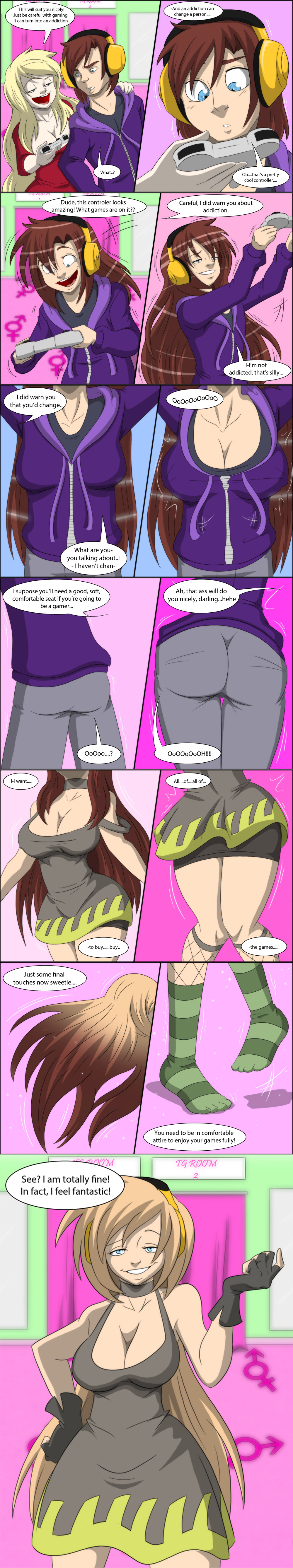 1boy 2girls ass_expansion breast_expansion breasts cleavage clothing comic comic_strip dialogue female huge_breasts long_hair rule_63 tfsubmissions thick_thighs wide_hips