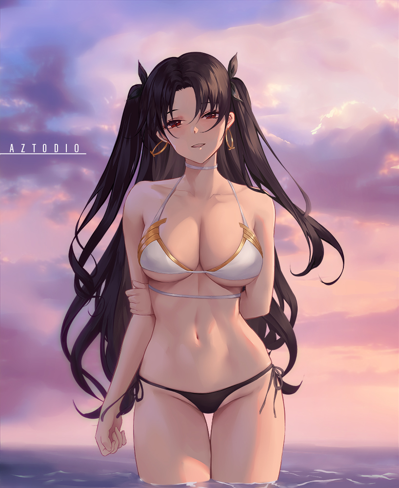 1girls, 2022, alternate breast size, artist signature, azto dio, bikini, black bikini bottom, breasts, brown hair, deity, earrings, fate (series), fate/grand order, female, female only, goddess, hips, ishtar (fate), large breasts, long hair, looking at viewer, navel, red eyes, slim waist, smile, thick thighs, thighs, twintails, white bikini top, wide hips