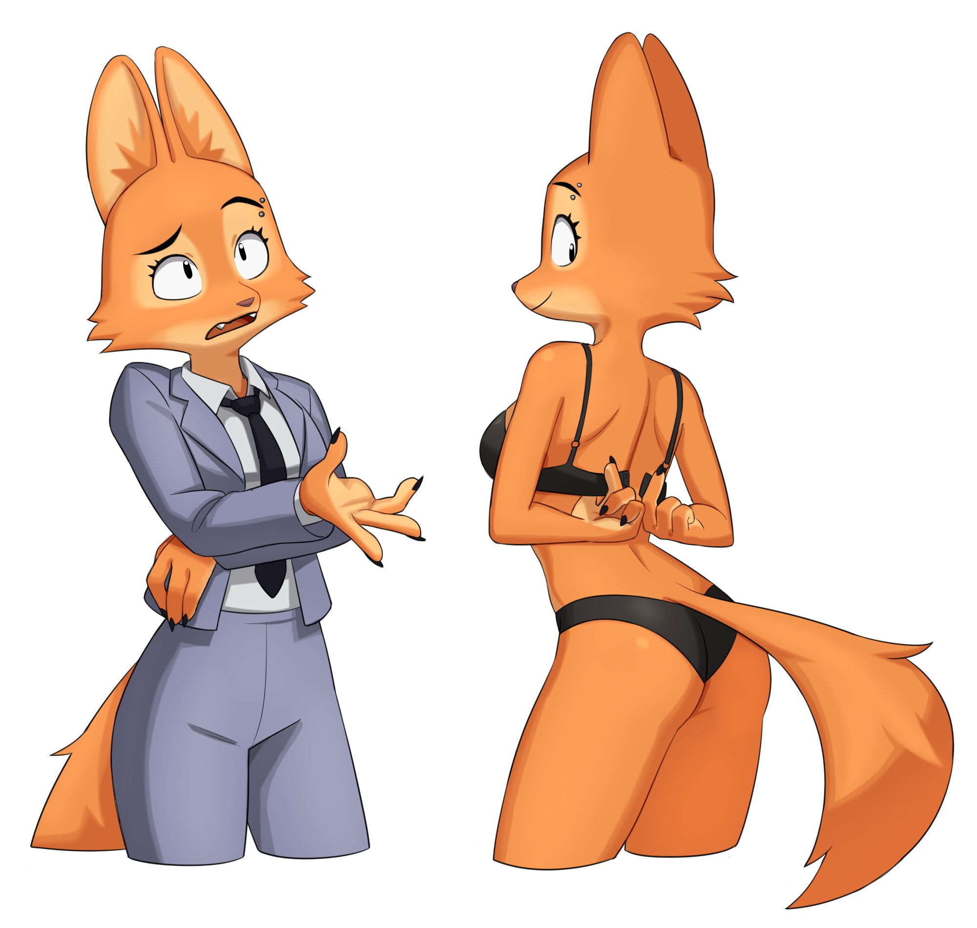 anthro, big breasts, bra, breasts, diane foxington, dreamworks, eyebrow piercing, female, female only, flowerpigeon73, fox, fully clothed, furry, office lady, panties, piercing, suit, the bad guys, undressing