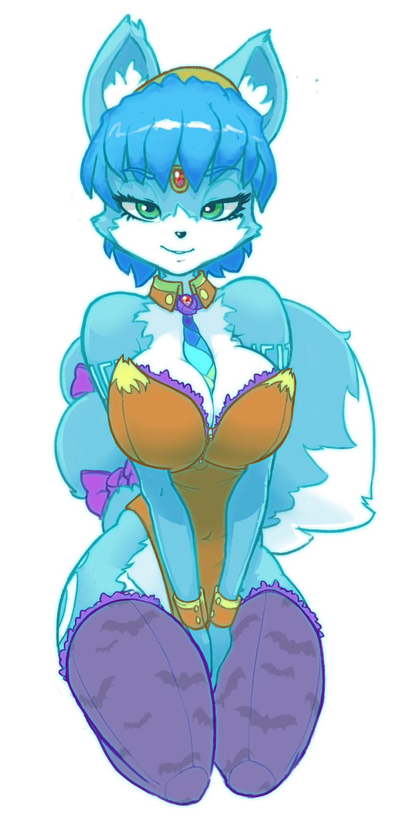 2017 anthro belly_button belly_button_visible_through_clothing big_breasts black_nose blue_body blue_fur blue_hair blue_tail body_markings breasts canine canine_humanoid cleavage clothing collar ear_tuft eyebrows eyelashes female female_only fox fox_tail green_eyes hands_between_legs headwear kneeling krystal leotard looking_at_viewer markings neckwear nintendo oughta purple_stockings seductive seductive_look short_hair smiling smiling_at_viewer solo solo_female star_fox stockings tagme tail tail_ring tie tie_between_breasts tuft white_background white_body white_sclera wristwear