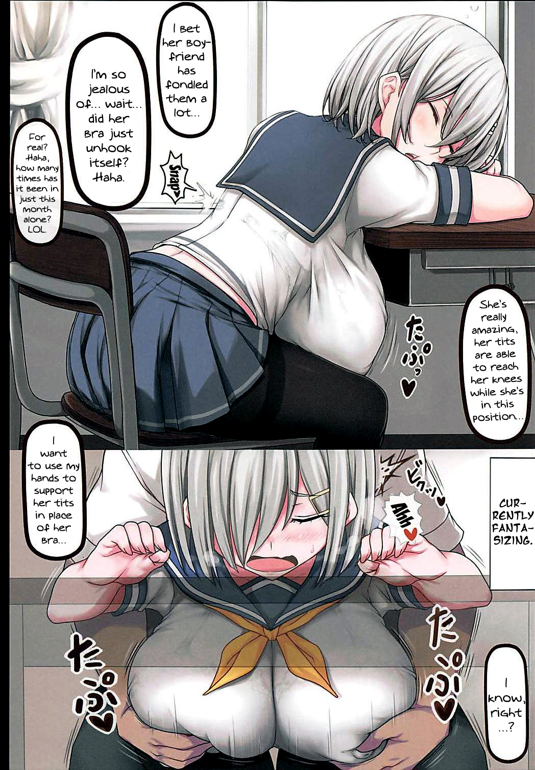 1boy 1girls black_legwear blush bra breast_grab breasts chair closed_eyes covered_nipples curtains female gigantic_breasts grey_skirt groping groping_breasts groping_from_behind hair_ornament hairclip hamakaze_(kantai_collection) hanging_breasts highres jema kantai_collection midriff open_mouth pantyhose sailor_collar school_uniform see-through serafuku short_hair short_sleeves silver_hair sitting skirt sleep_molestation sleeping slq solo table translated underwear window