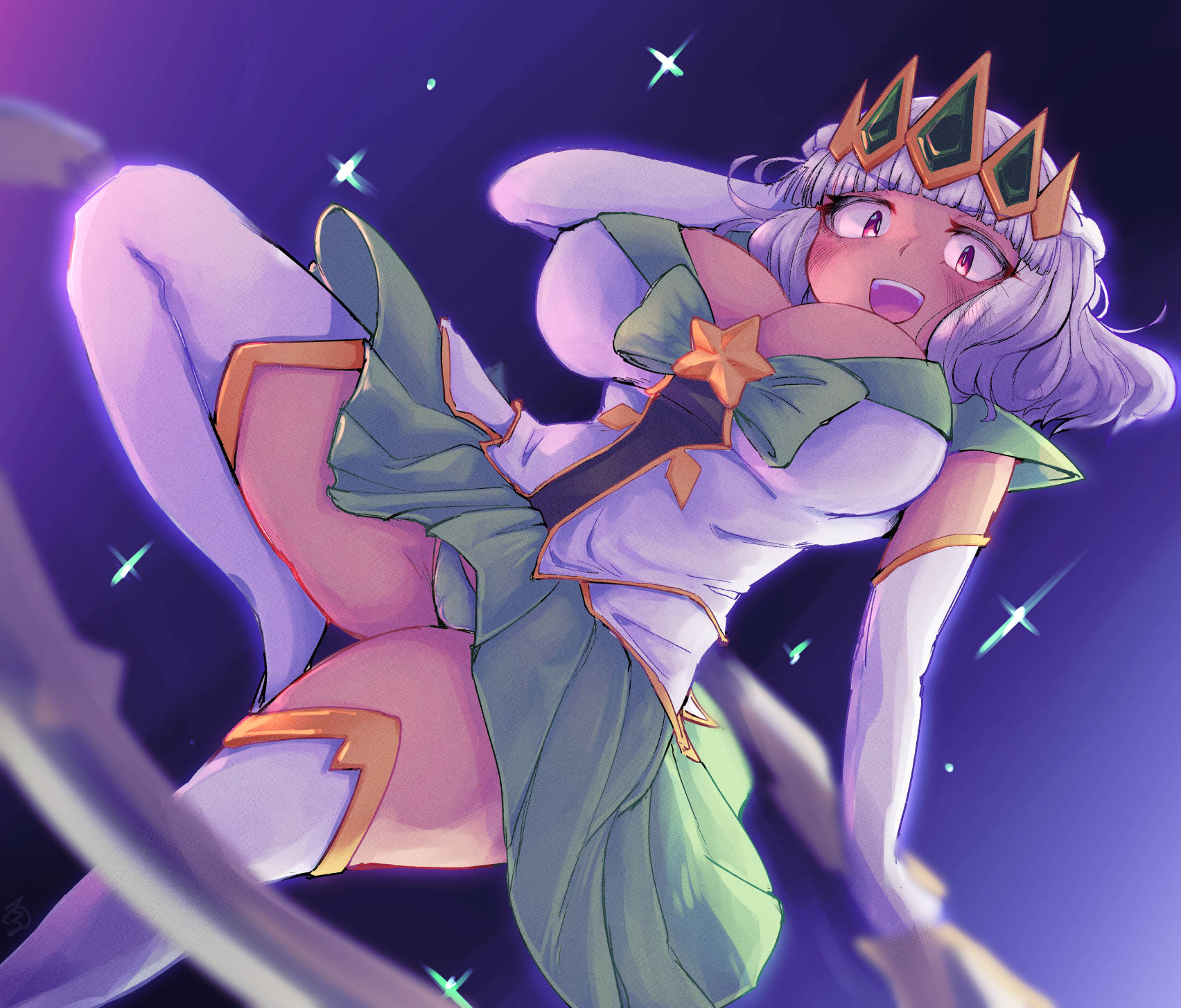 blush, boots, breasts, enter (artist), female, gloves, green panties, large breasts, league of legends, long gloves, panties, pantyshot, qiyana yunalai, red eyes, riot games, short hair, skirt, star guardian qiyana, star guardian series, tagme, thigh boots, thighhighs, thighs, tiara, uniform, upskirt, white hair