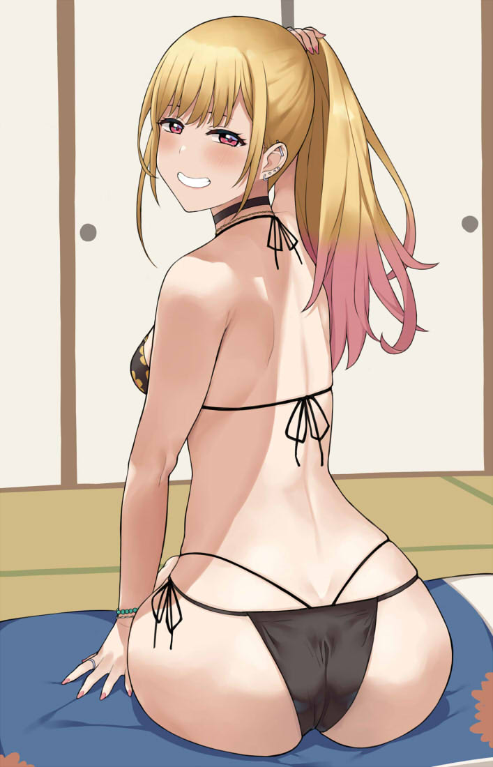 ass back bikini blonde_hair choker dyed_hair female_only gyaru hai_ookami kitagawa_marin light-skinned_female light_skin long_fingernails sitting smiling smiling_at_viewer solo_female sono_bisque_doll_wa_koi_wo_suru