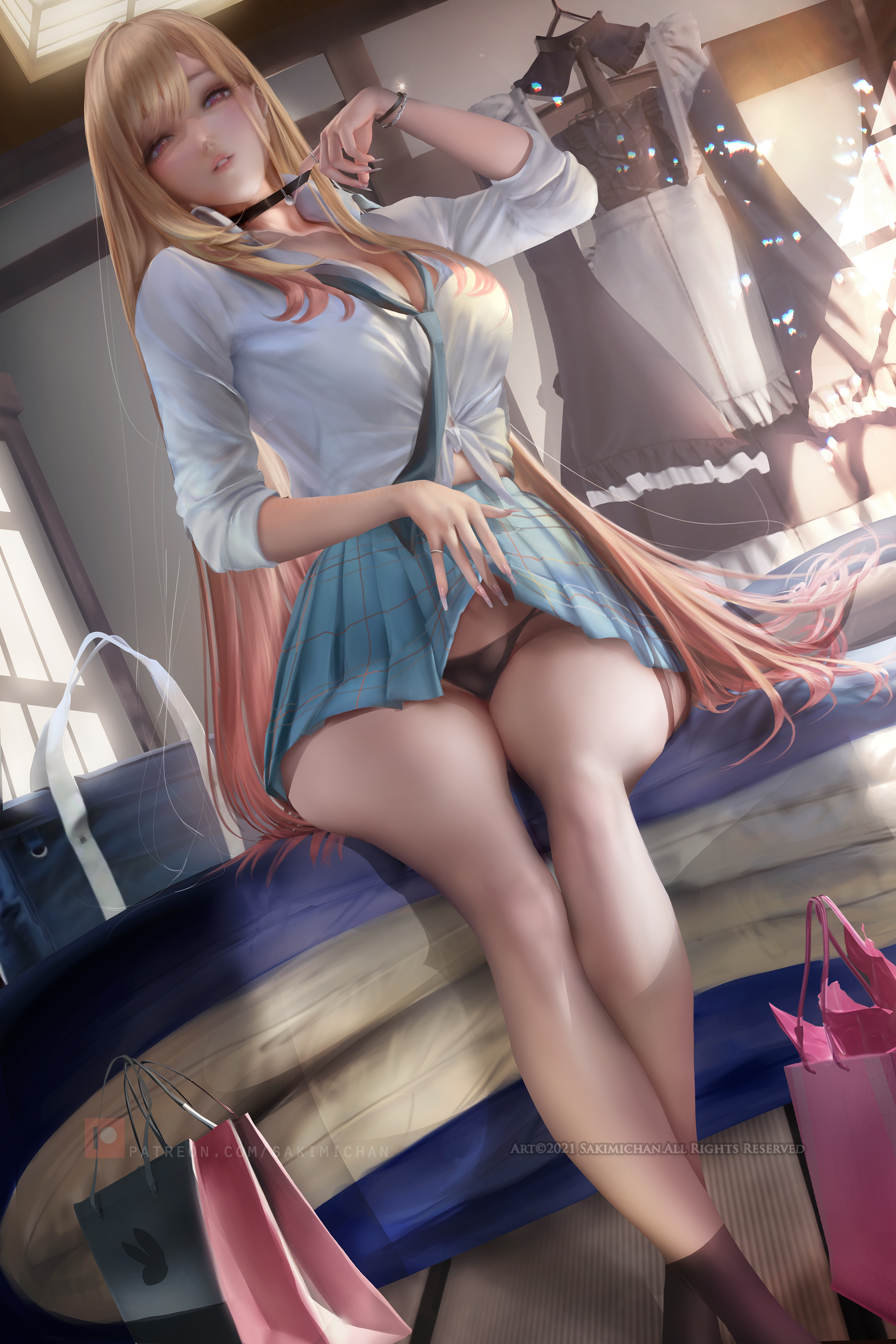 1girls, big breasts, blonde hair, breasts, choker, female, female only, gyaru, kitagawa marin, sakimichan, school uniform, solo, sono bisque doll wa koi wo suru, thighs, tugging
