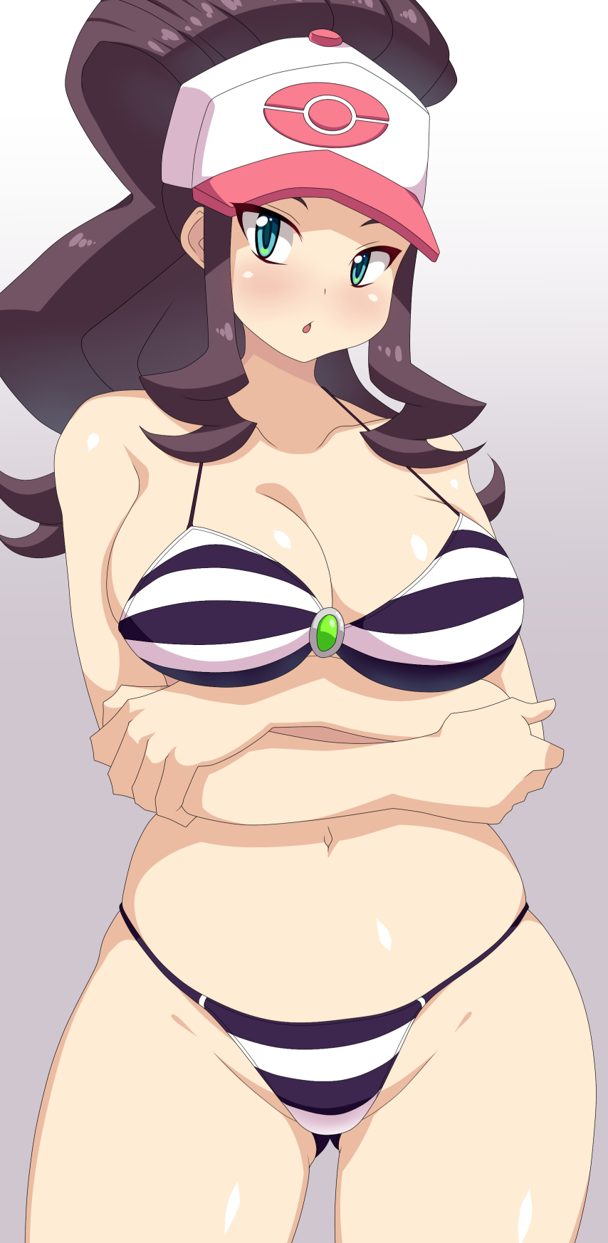 1girls 2022 :o alternate_breast_size alternate_eye_color arms_folded belly_button bikini breasts brown_hair female female_only green_eyes hat hilda_(pokemon) hips huge_breasts kihaiu long_hair long_ponytail looking_at_viewer nintendo pokemon pokemon_bw ponytail simple_background slim_waist striped_bikini thick_thighs thighs white_background white_hat wide_hips