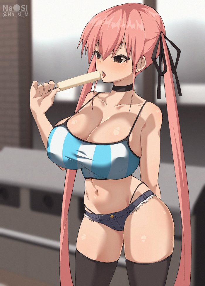 bikini black_panties breasts cleavage crop_top denim female large_breasts licking nanashi_maru original panties pink_hair popsicle_in_mouth short_shorts shorts shortstack solo swimsuit thong_bikini twintails underwear