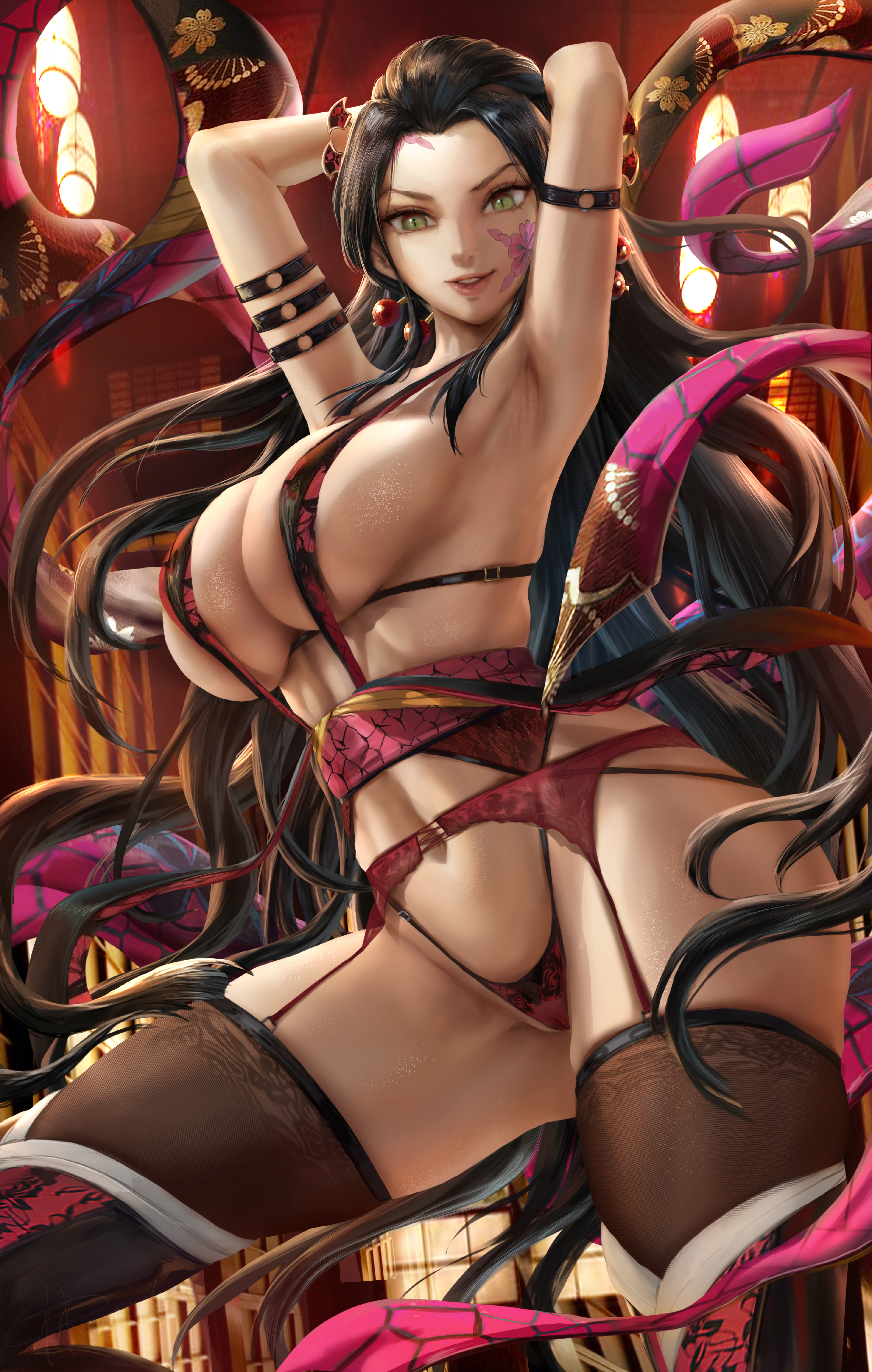 absurd res, alternate costume, armbands, armpit, arms behind head, arms up, big breasts, black hair, black legwear, black thighhighs, breasts, cleavage, daki (kimetsu no yaiba), demon, demon girl, demon slayer, detailed background, facial markings, female, female only, garter belt, garter straps, green eyes, hair ornament, hands behind head, hi res, highleg, huge breasts, kimetsu no yaiba, lingerie, long hair, looking at viewer, obi, realistic, revealing clothes, sheer legwear, skimpy clothes, slit pupils, smile, solo, stockings, supullim, thighhighs, very high resolution, zettai ryouiki
