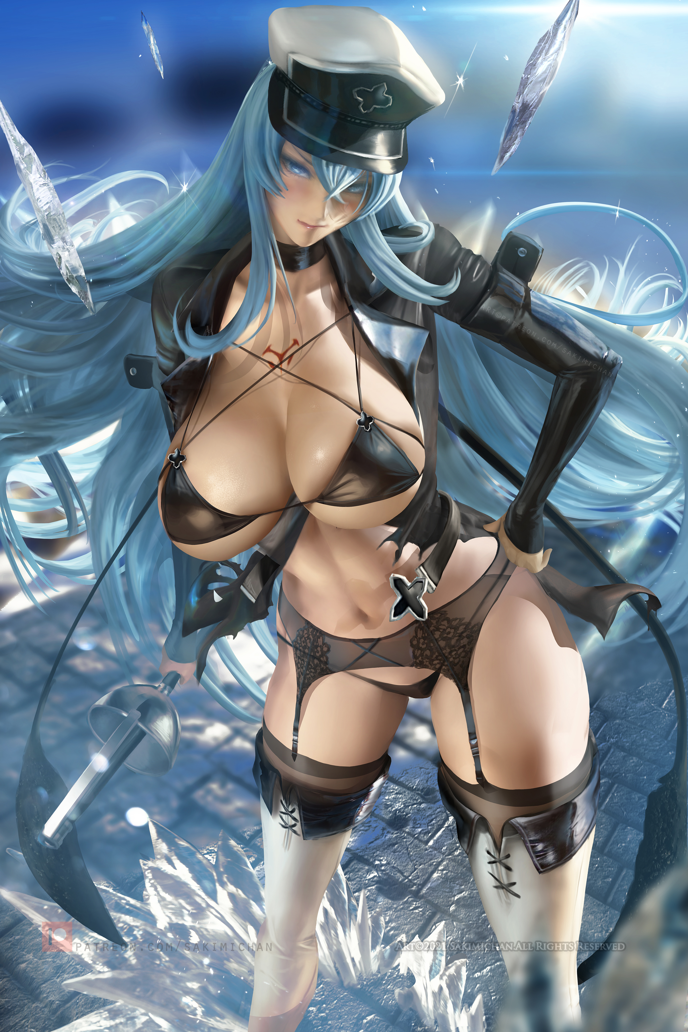 akame ga kill!, bikini, breasts, esdeath (akame ga kill!), female, huge breasts, lingerie, sakimichan, thick thighs