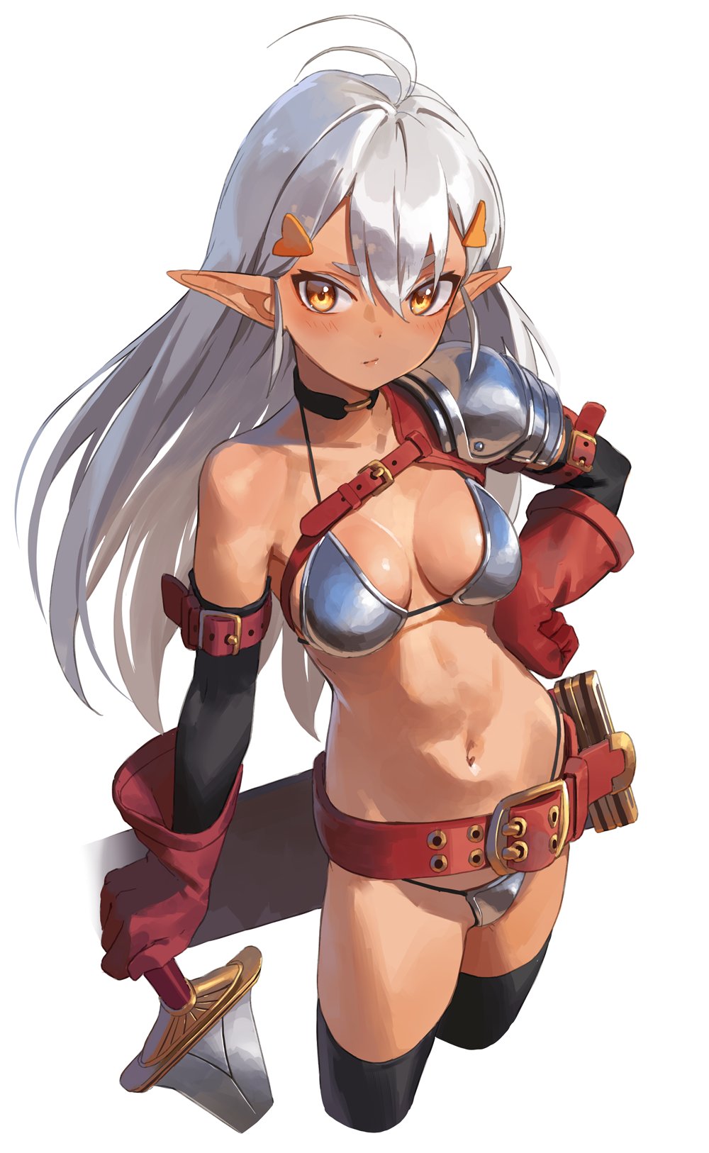1girls, armor, bare shoulders, belt, bikini, bikini armor, black legwear, blush, breasts, brown skin, choker, cleavage, dark elf, dark skin, dark-skinned female, detached sleeves, elf, fantasy, female, gloves, kinta (distortion), medium breasts, midriff, original, pointy ears, revealing clothes, silver hair, skimpy, solo, stomach, string bikini, swimsuit, sword, thighhighs, thighs, white hair, yellow eyes