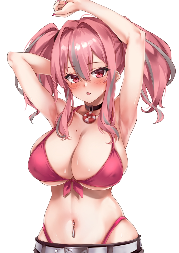 1girls, 2020, arm behind head, armpits, arms up, azur lane, bangs, bare shoulders, belt, bikini, blush, breasts, bremerton (azur lane), choker, cleavage, collarbone, female, female focus, female only, highleg, highleg bikini, large breasts, long hair, looking at viewer, marisasu (marisa0904), mole, mole on breast, navel, navel piercing, open mouth, piercing, pink bikini, pink eyes, pink hair, sidelocks, simple background, solo, solo female, swimsuit, twintails, white background