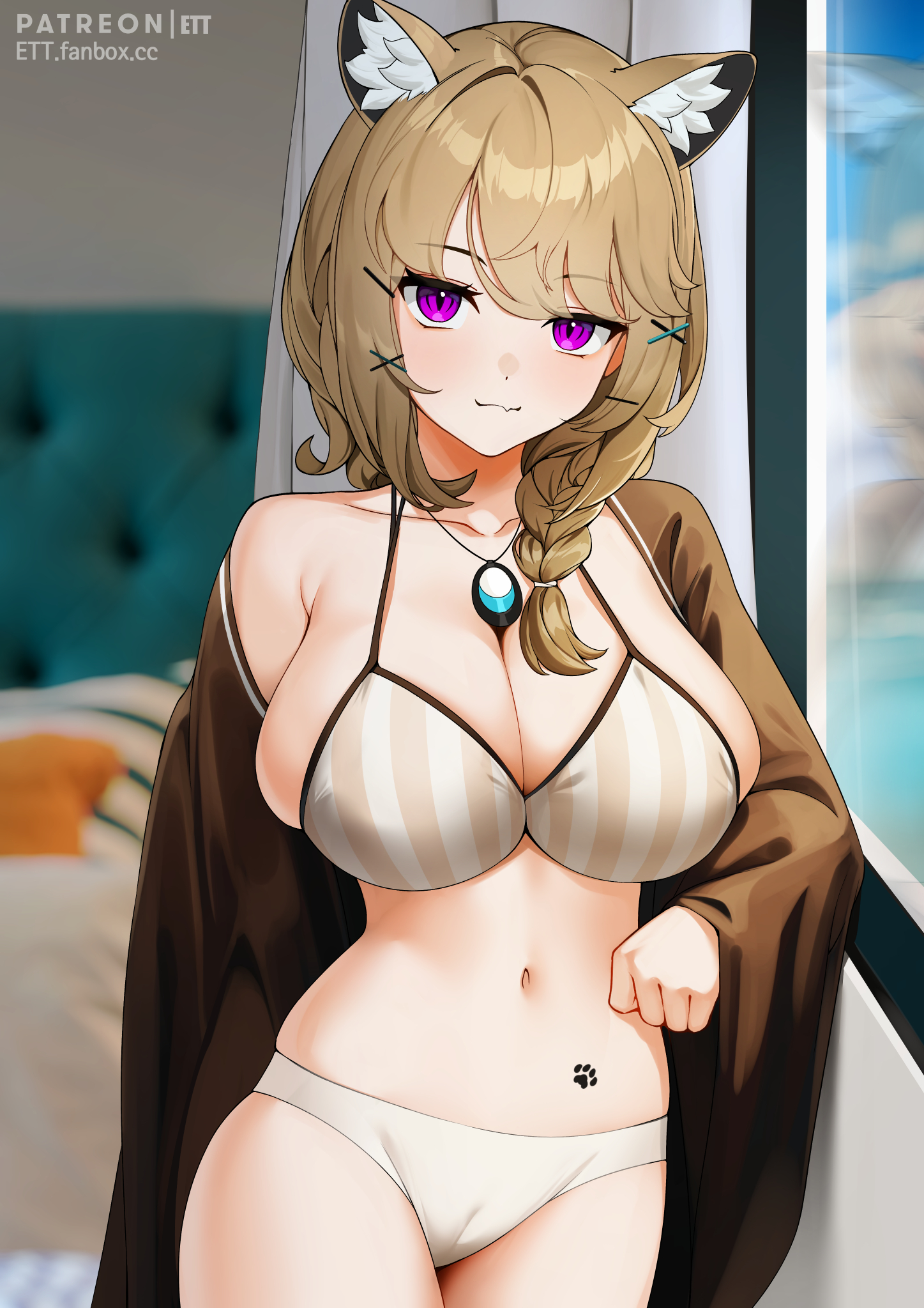 :3, 1girls, 2022, animal ear fluff, animal ears, arknights, bangs, bikini, blurry, blurry background, braid, braided ponytail, breasts, brown hair, cameltoe, cleavage, closed mouth, cowboy shot, curtains, ett, eyebrows visible through hair, female, female focus, female only, hair ornament, hair over shoulder, hairclip, highres, jewelry, large breasts, leaning, long hair, looking at viewer, navel, oerba yun fang, official alternate costume, patreon username, pendant, purple eyes, pussy, robe, single bare shoulder, skindentation, solo, solo female, stomach, striped, striped bikini, striped bikini top, swimsuit, utage (arknights), utage (summer flowers) (arknights), web address, white bikini bottom, window, x hair ornament