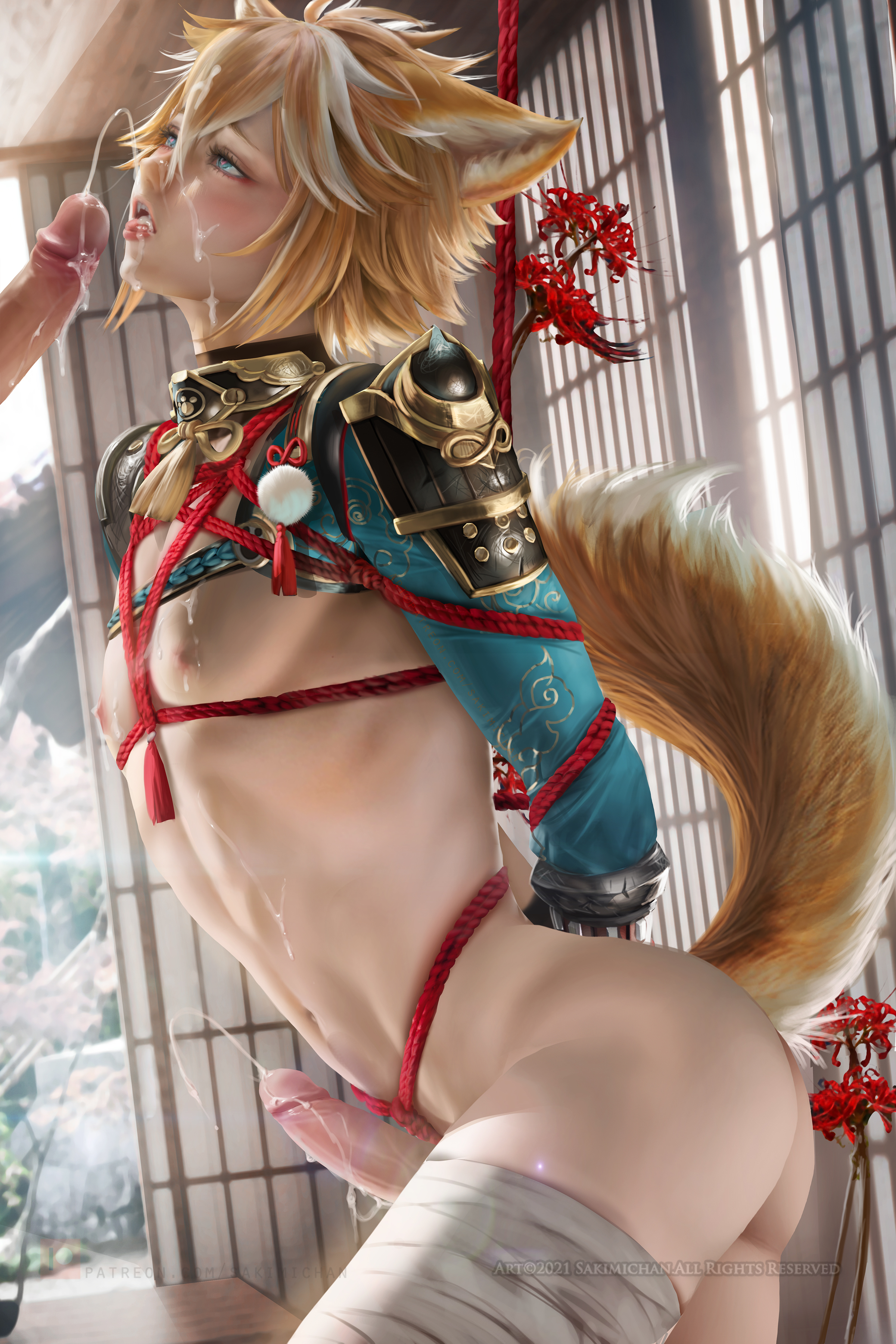 animal ears, arataki itto, bondage, cum, gay, genshin impact, gorou (genshin impact), male, male only, penis, sakimichan, tail, twink, yaoi
