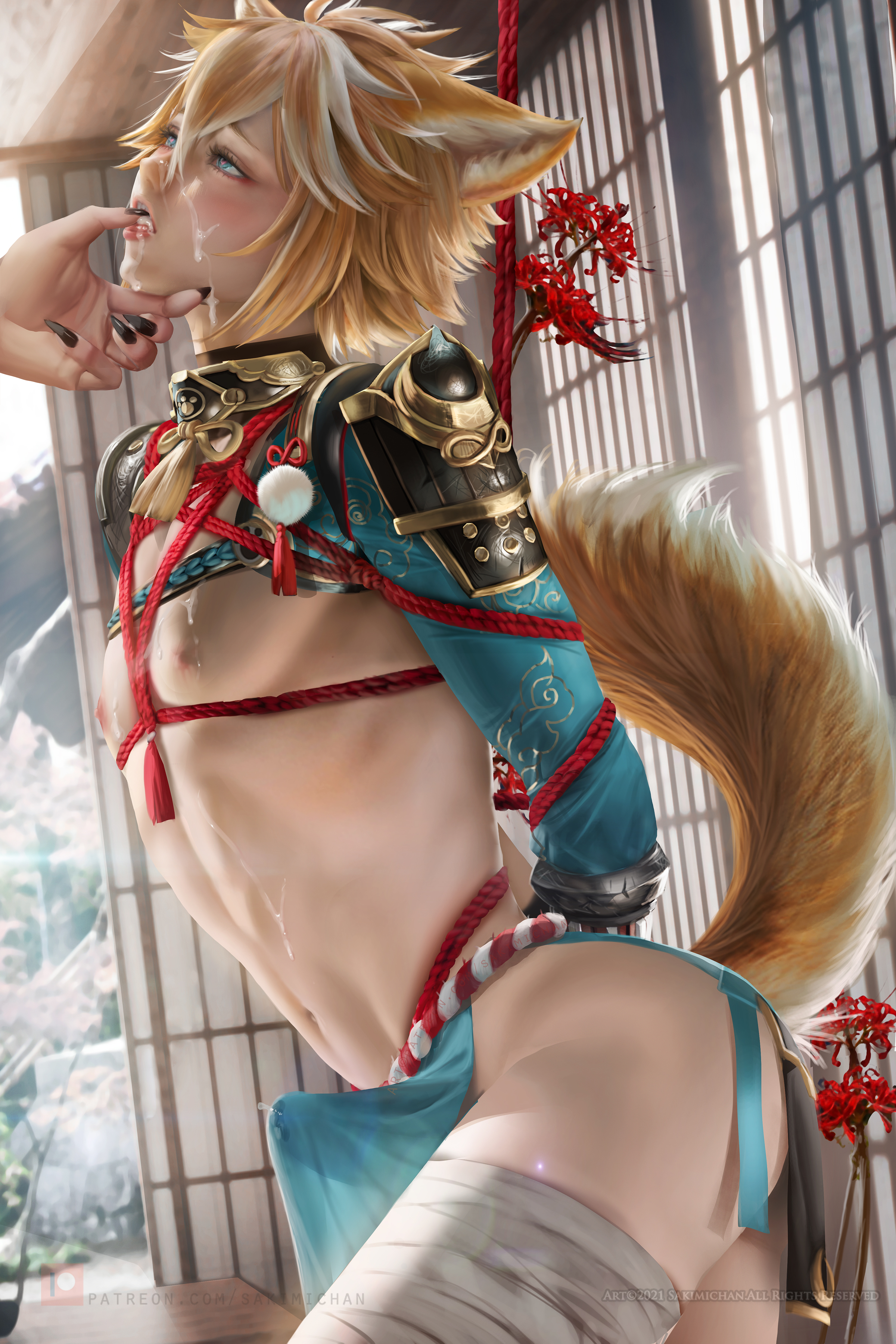 arataki itto, bondage, cum, erection under clothes, genshin impact, gorou (genshin impact), male, male only, sakimichan, twink, yaoi