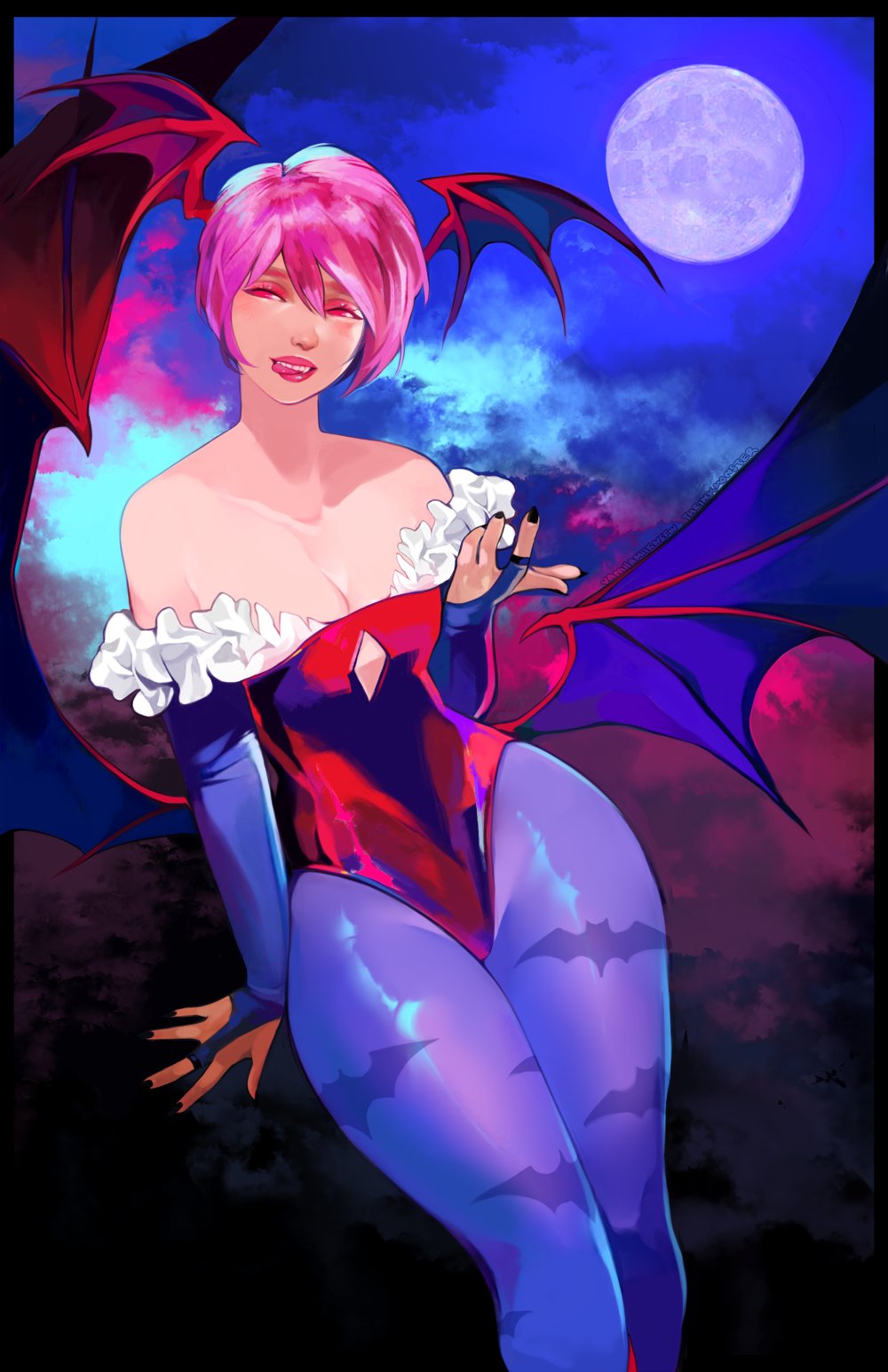 1girls arm_sleeves bat_print blue_pantyhose capcom clothed clothed_female clothing darkstalkers demon_wings female female_only flat_chest flat_chested full_moon head_wings hi_res hip_wings legs_together leotard licking_lips lilith_aensland looking_at_viewer narrowed_eyes non-nude pantyhose pink_eyes pink_hair small_breasts solo solo_female succubus vanillamilk voluptuous wings