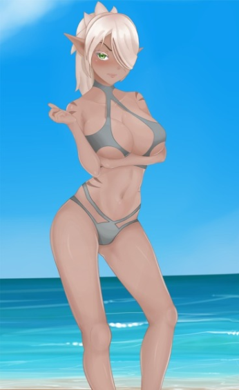 arm_under_breasts beach big_breasts blonde_hair elf_ears elf_female elf_girl faranne_(monster_girl_island) green_eyes lowres monster_girl_island pointy_ears ponytail swimsuit