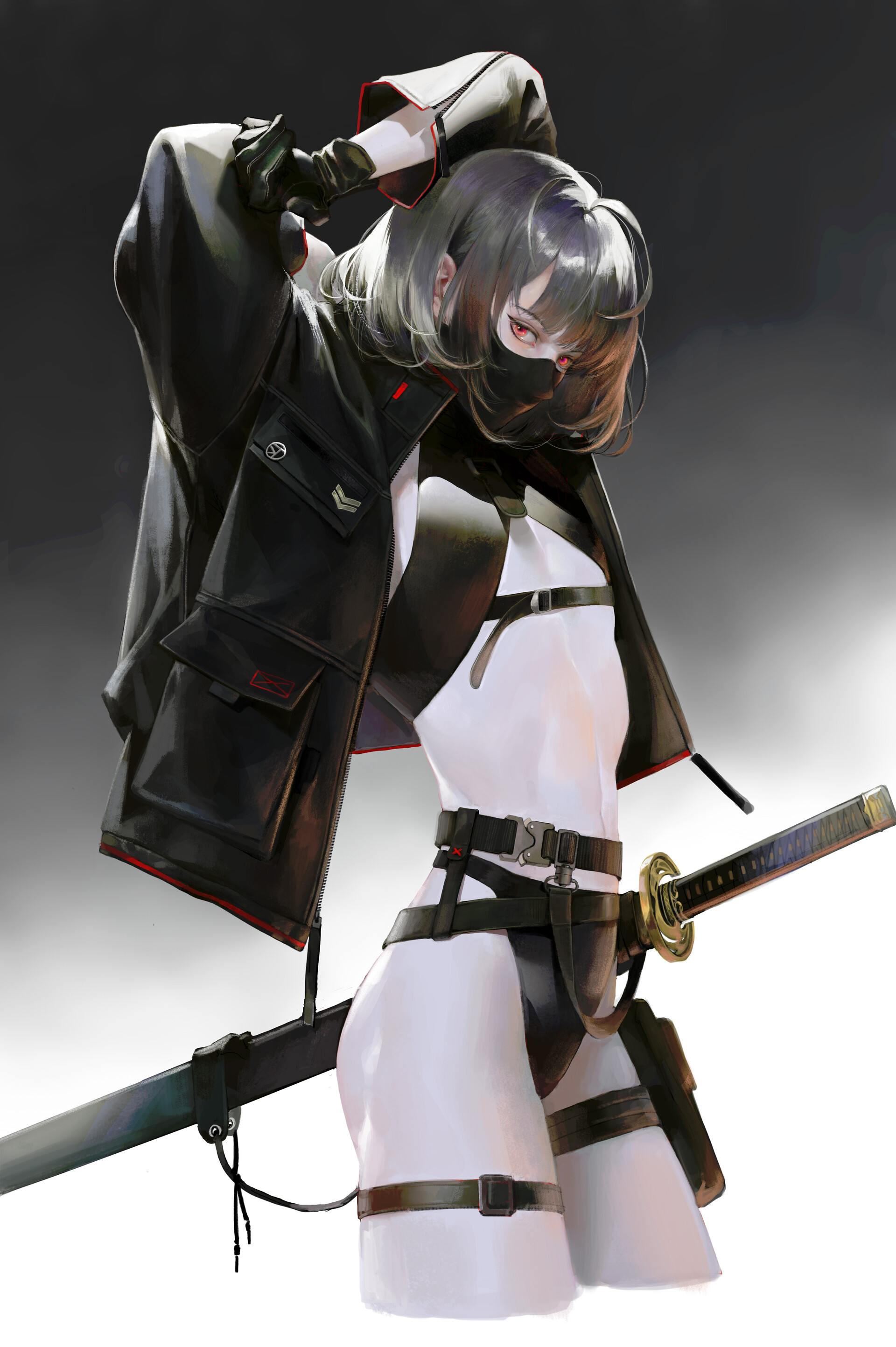 1girls, arms up, ass, belt, bikini, black bikini, black bra, black hair, black panties, bob cut, breasts, clothed, clothing, eyeliner, face mask, female, female only, flat chest, flat chested, gloves, halterneck, highleg panties, jacket, katana, light skin, light-skinned female, looking at viewer, mask, midriff, mouth mask, original, pale skin, pale-skinned female, panties, pinup, realistic, red eyes, revealing clothes, short hair, skinny, slim, small breasts, solo, stretching, swimsuit, sword, taak choi, thigh strap, thighs, toned, toned female, underwear
