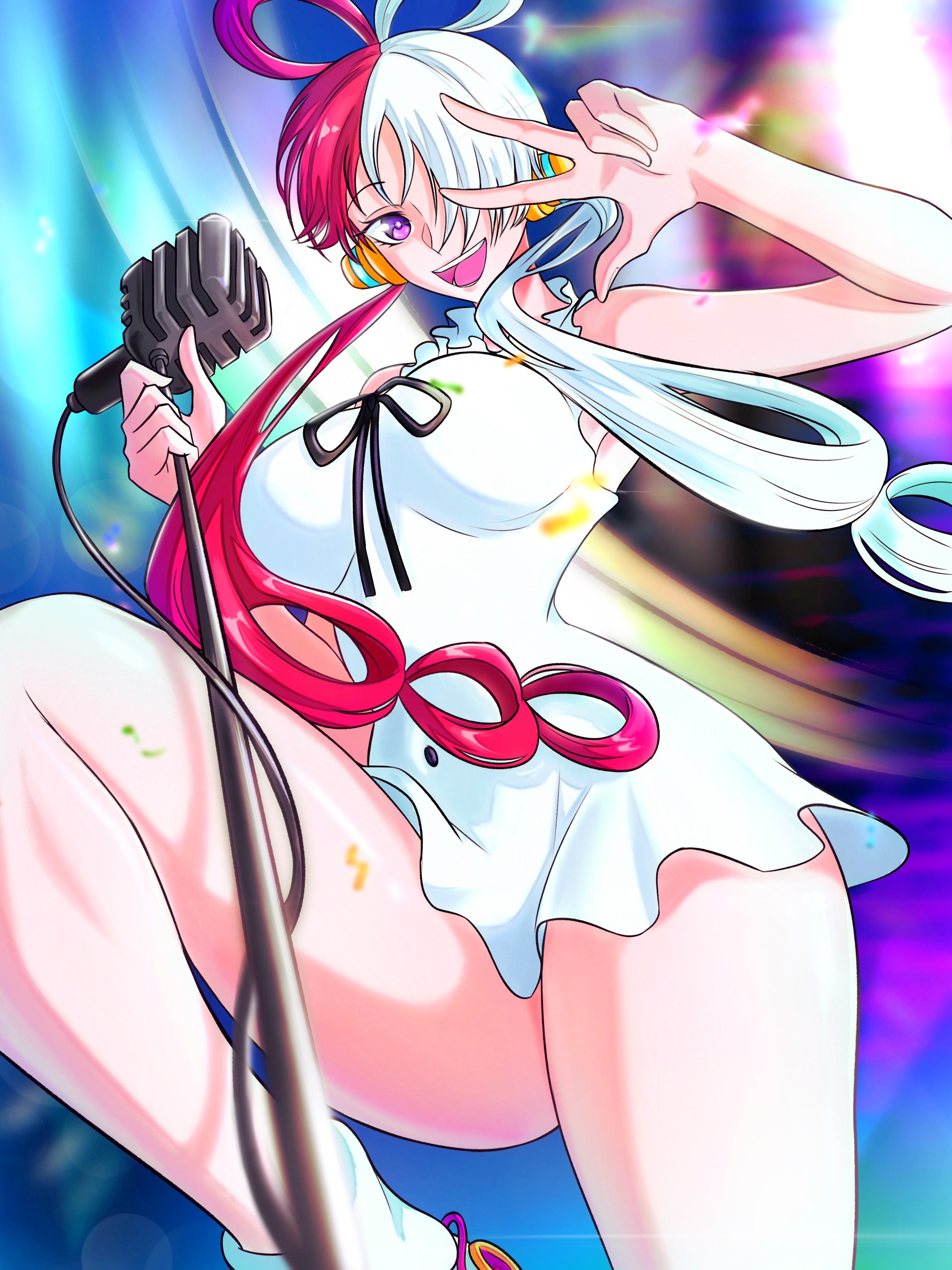 1girls, dress, female, female only, one piece, opalisart, pink eyes, red hair, red-haired female, short dress, singing, two-tone hair, uta (one piece), white hair, white-haired female
