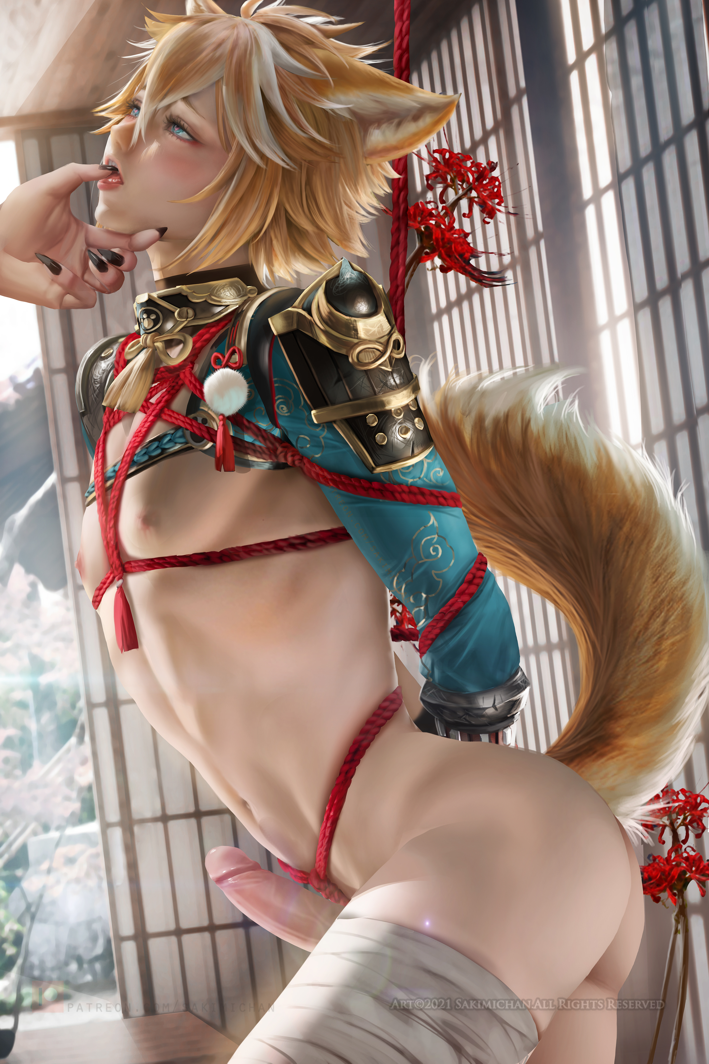 arataki itto, ass, bondage, femboy, genshin impact, gorou (genshin impact), male, male only, nude, penis, sakimichan, twink, yaoi