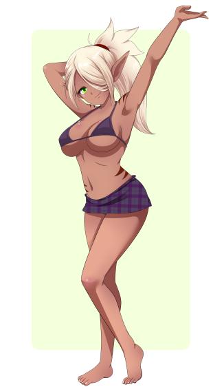 armpits big_breasts blonde_hair elf_ears elf_female elf_girl faranne_(monster_girl_island) green_eyes hand_behind_head lowres monster_girl_island pinup pointy_ears ponytail short_skirt standing