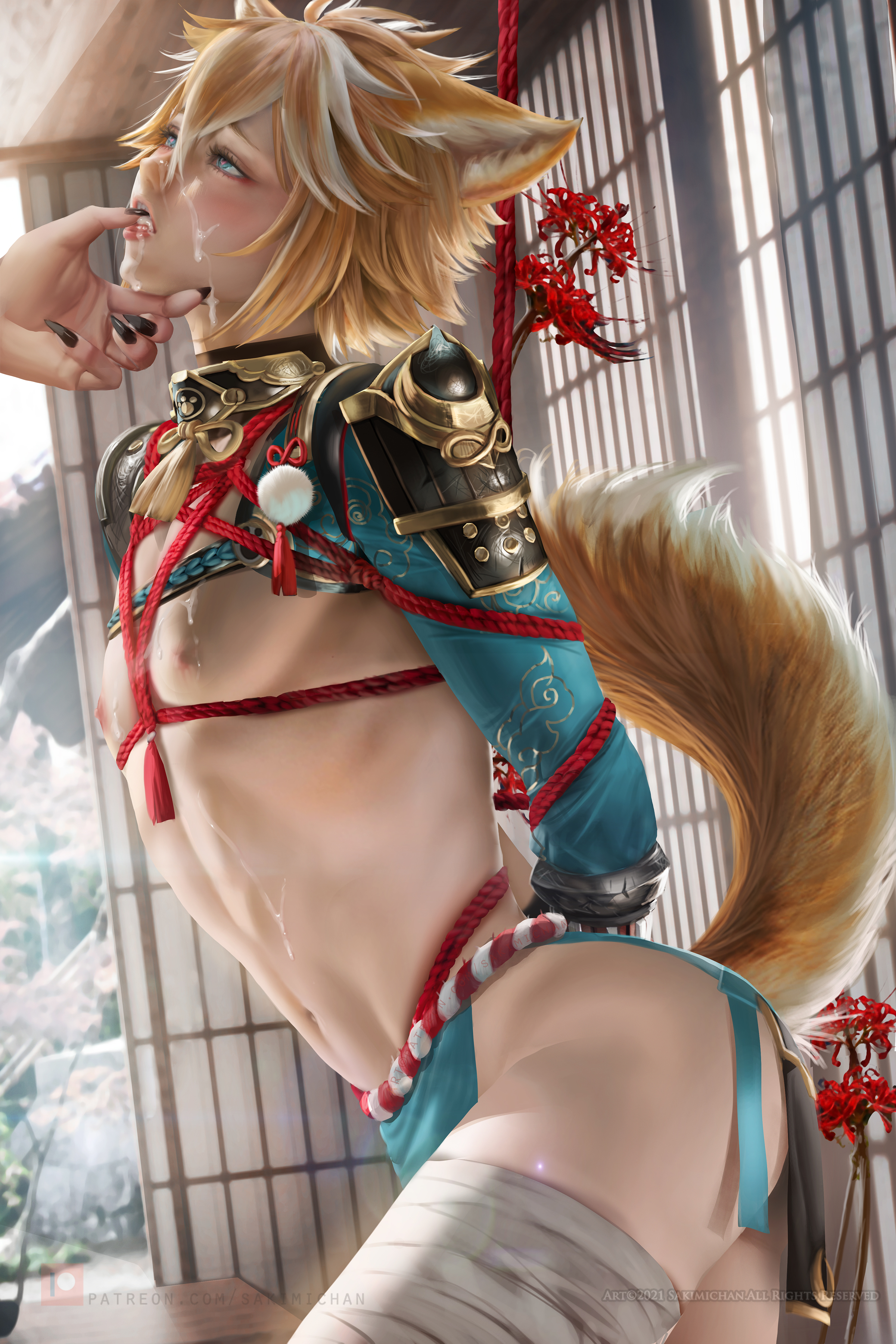 animal ears, arataki itto, bondage, cum, genshin impact, gorou (genshin impact), male, male only, sakimichan, tail, twink, yaoi