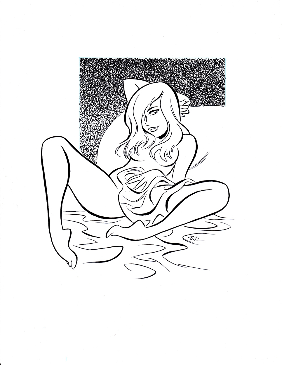 arm_behind_head bed bed_sheet bedroom bedroom_eyes black_and_white breasts bruce_timm covering_crotch covering_pussy female female_focus female_only girl hair_covering_breasts hair_over_one_eye legs legs_spread lying lying_back original original_artwork original_character pin_up pinup reclining