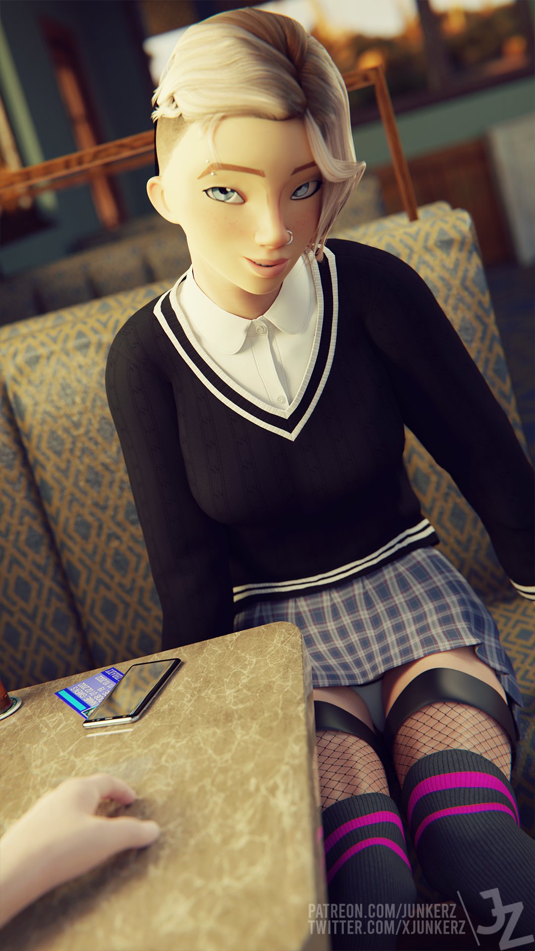 1girls 3d asymmetrical_hair black_socks blonde_hair blue_eyes busty female female_focus female_only fishnet_socks fishnet_thighhighs fishnets g-string gwen_stacy hourglass_figure junkerz legwear marvel marvel_comics miniskirt pantyshot pantyshot_(sitting) school_uniform schoolgirl shoes short_hair skirt socks solo spider-gwen spider-man:_into_the_spider-verse spider-man_(series) sweater tagme thigh_socks two_socks_on wide_hips