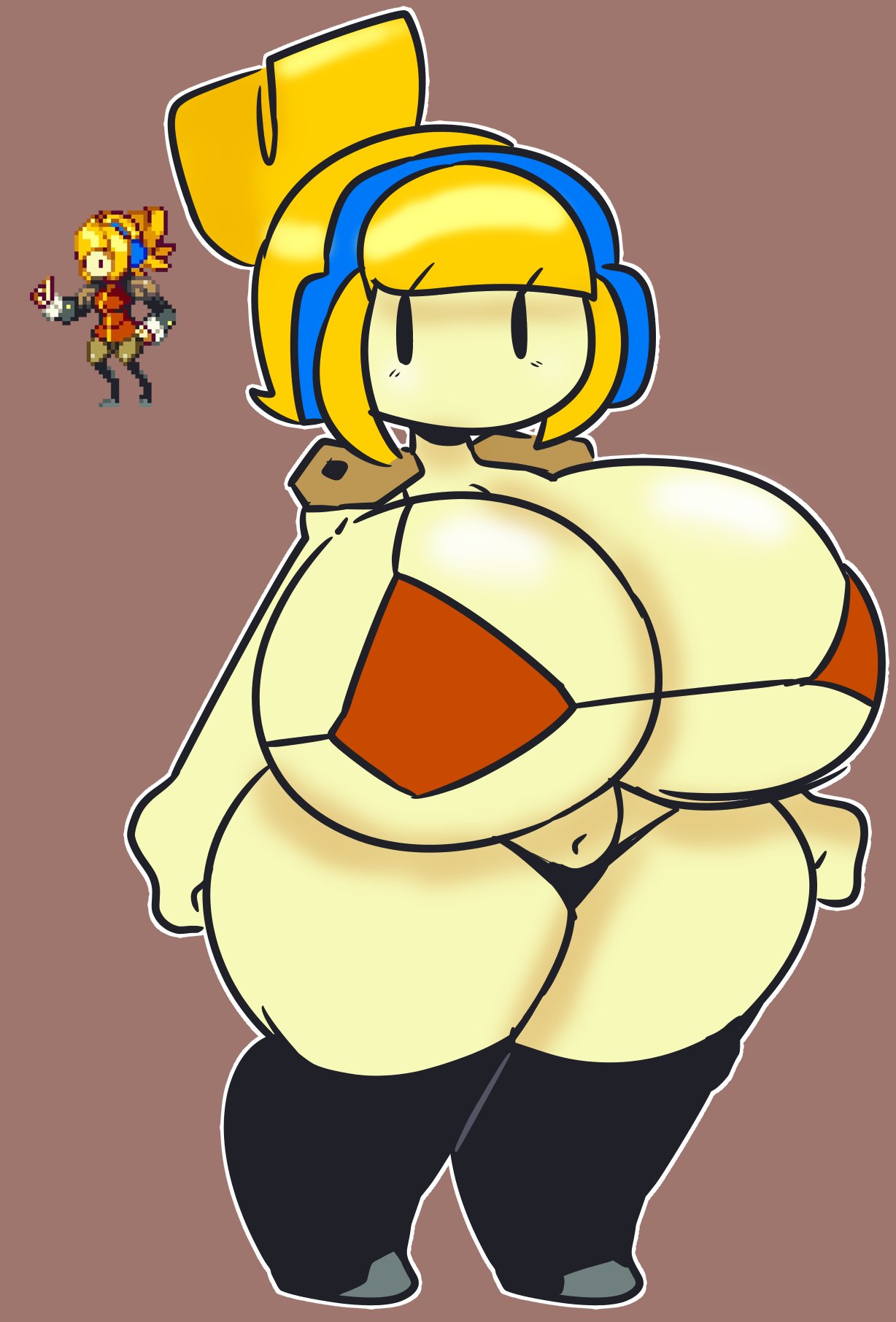 big_breasts bikini blonde_hair headphones huge_breasts iconoclasts mob_face no_mouth p-con robin_(iconoclasts) stockings thick_thighs yellow_body |_|