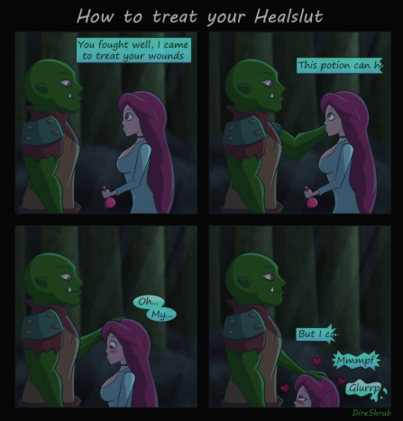 blowjob blush choker comic deep_blowjob deepthroat direshrub english_text fellatio female femsub green_skin healslut heart hearts hearts_around_head human_female implied_deepthroat implied_oral kneeling light-skinned_female light_skin male maledom maledom_caption meme oral orc orc_male purple_hair text world_of_warcraft