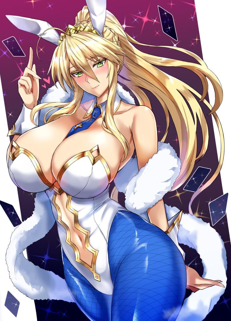 abs artoria_pendragon artoria_pendragon_(swimsuit_ruler) blonde_hair blush bunny_ears bunnysuit busty colored_background detached_collar detached_cuffs fate/grand_order fate_(series) fishnet_stockings fur_boa green_eyes kumakichi_(cost-lost) navel playing_cards