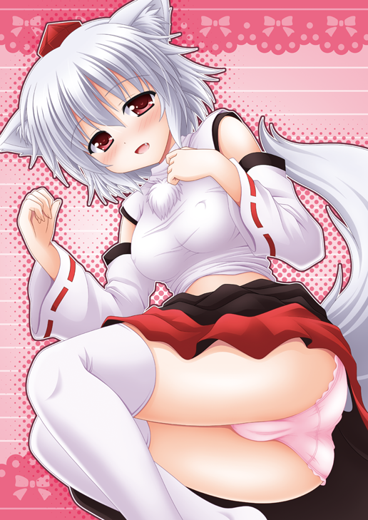 1girls animal_ears animal_tail blush breasts cameltoe clothed clothed_female clothes clothing color colored commentary_request covered_nipples detached_sleeves fangs female female_only female_solo hat lace lace-trimmed_panties lace_trim legwear light-skinned light-skinned_female light_skin md5_mismatch medium_breasts momiji_inubashiri nagana_sayui open_mouth panties pink_panties sharp_teeth shirt solo solo_focus tail taut_clothes taut_shirt thighhighs tokin_hat touhou underwear white_legwear wolf_ears wolf_girl wolf_tail