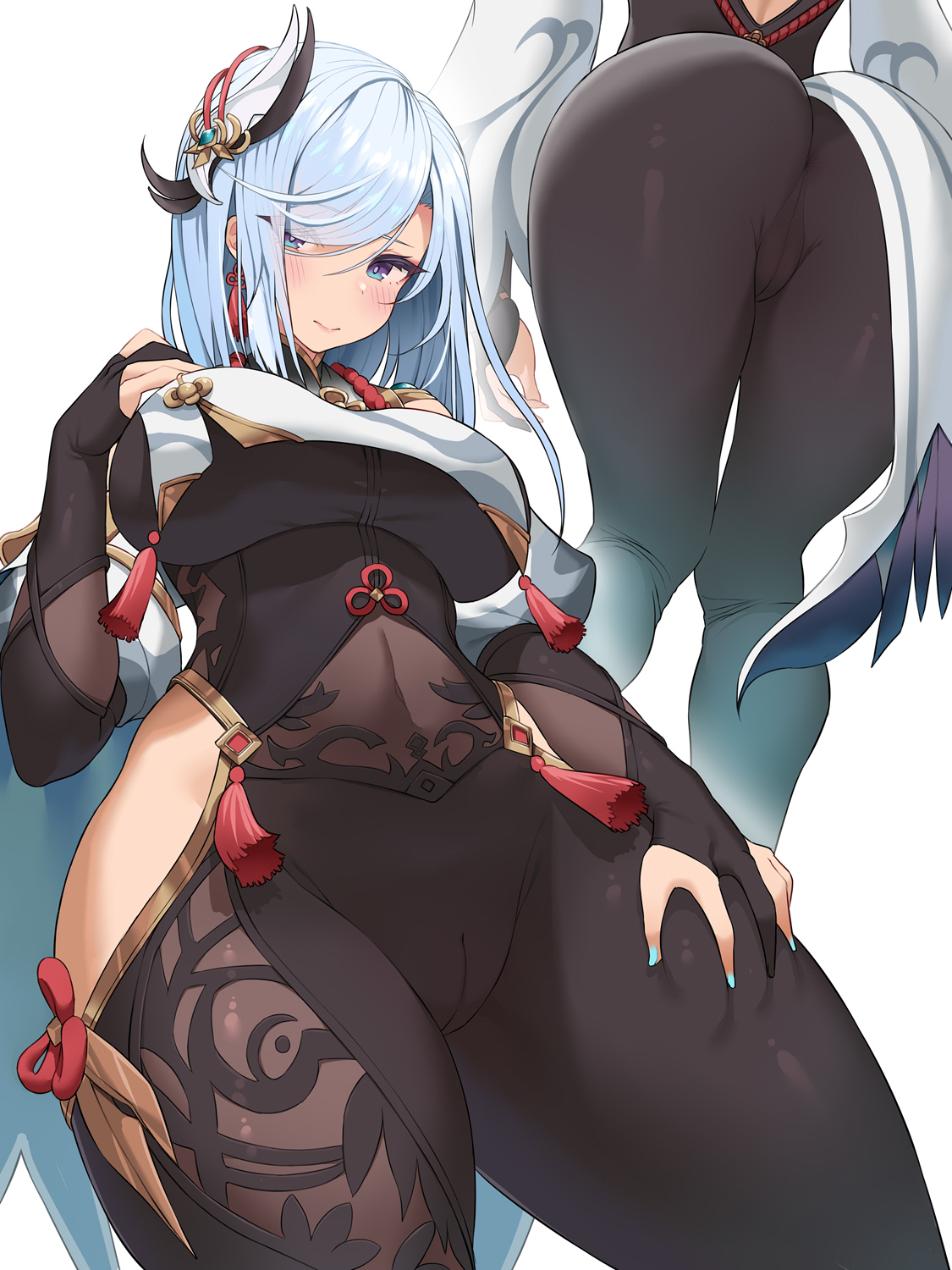 1girls, ariso kaoru, ass, big ass, big breasts, big butt, blue eyes, breasts, cameltoe, curvy, curvy figure, female, female only, fully clothed, genshin impact, hair ornament, hand on thigh, large breasts, pussy, shenhe (genshin impact), solo, solo female, thick, thick ass, thick thighs, thighs, tight clothing, voluptuous, white hair