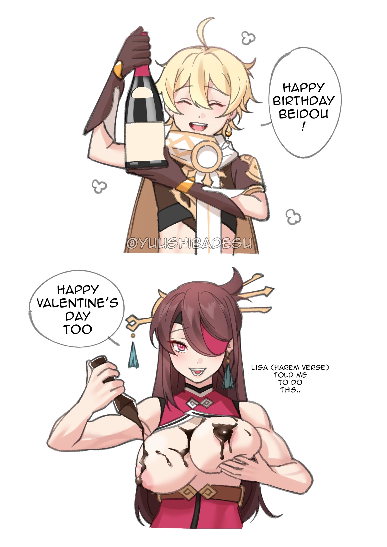 aether (genshin impact), artist name, beidou (genshin impact), big breasts, breasts, breasts out, chocolate, chocolate on breasts, english text, female, genshin impact, speech bubble, valentine's day, yuushiba