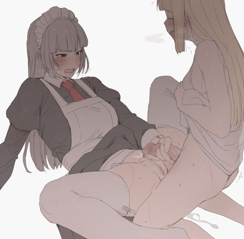 1futa 1girls angry_face balls bangs black_eyes blonde_hair blunt_bangs blush bottomless censored closed_eyes clothed clothing cum cum_on_body duo erection eyebrows_visible_through_hair female futa_on_female futa_with_female futanari futanari-sama_(mdf_an) grey_hair grey_hair_maid_(mdf_an) handjob heavy_breathing human kneeling leaning_back light-skinned_female light-skinned_futanari light_skin long_hair lying maid maid_headdress mdf_an mosaic_censoring multiple_girls necktie on_back open_mouth original pale_skin partially_clothed penis pussy sidelocks simple_background spread_legs sweat thighhighs v-shaped_eyebrows white_background white_legwear