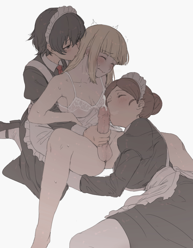 1futa 2girls balls bangs black_dress black_hair blonde_hair blunt_bangs blush bottomless breasts brown_hair censored closed_eyes closed_mouth clothed clothing cum cumshot dickgirl dress duo ejaculation erection eyebrows_visible_through_hair fellatio female female_with_female fully_clothed futa_on_female futa_sans_pussy futanari futanari-sama_(mdf_an) futasub group_sex hair_bun hair_bun_maid_(mdf_an) handjob human intersex juliet_sleeves light-skinned_female light-skinned_futanari light_skin long_hair long_sleeves maid maid_headdress mdf_an medium_breasts mosaic_censoring multiple_girls oral original pale_skin partially_clothed penis puffy_sleeves short_hair short_hair_maid_(mdf_an) simple_background sitting skirt small_penis smaller_futanari spread_legs taint testicles threesome trembling white_background