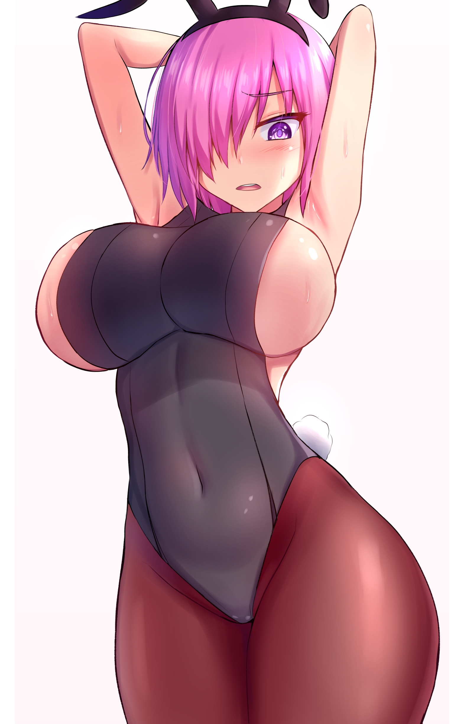 1girls, 2022, armpits, arms behind head, arms up, artist request, barely contained, blush, breasts, bunny ears, bunny girl, bunnysuit, embarrassed, fate (series), fate/grand order, female, female only, hi res, highleg leotard, hips, huge breasts, leggings, leotard, mash kyrielight, pink hair, purple eyes, short hair, simple background, slim waist, thick thighs, thighs, tights, white background, wide hips