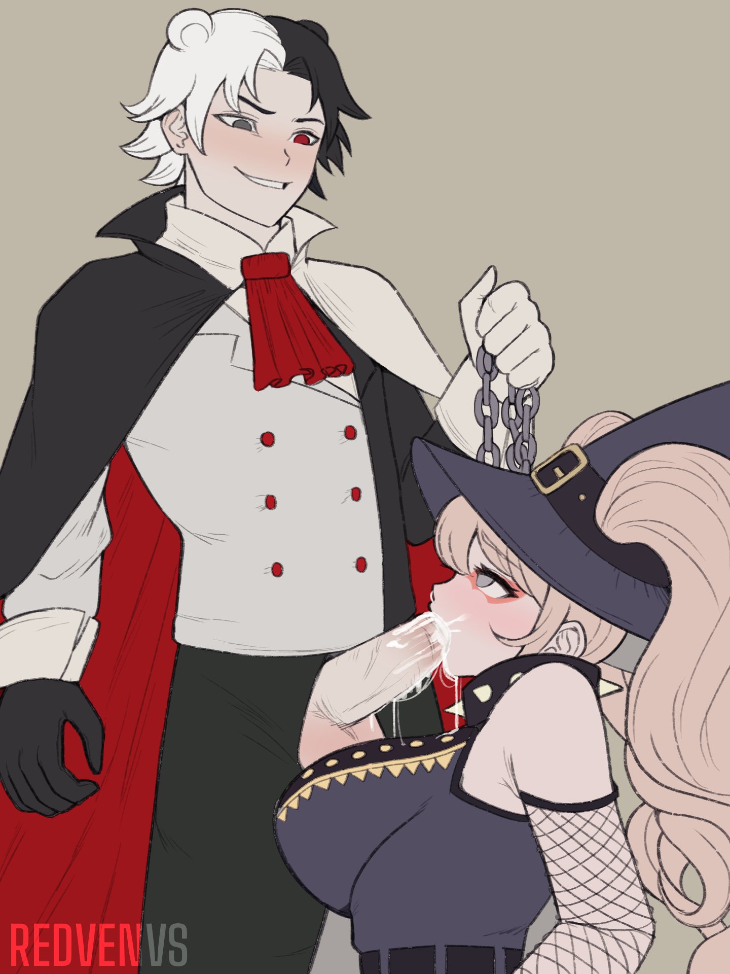 bondage, chains, clothed, collar, costume, cum in mouth, danganronpa, female, femsub, halloween, human monokuma, junko enoshima, male, maledom, monokuma, oral, penis, redvenus, straight, straight hair