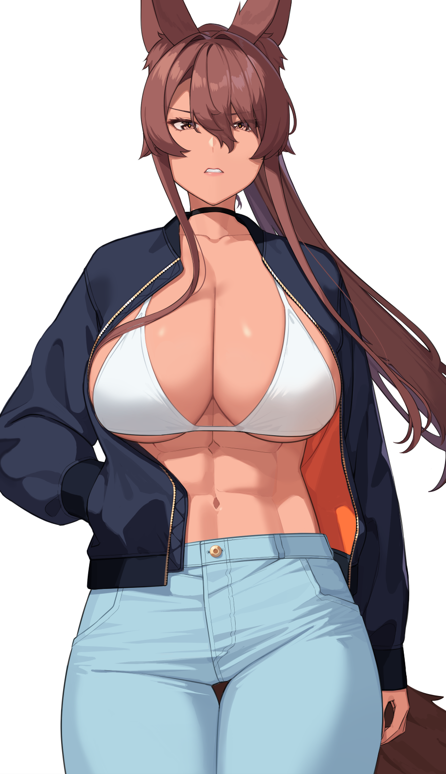 1girls abs brown_eyes brown_hair disgusted fox_ears fox_girl fox_tail franham jacket jeans large_breasts looking_at_viewer muscular_female nee-san_(franham) original