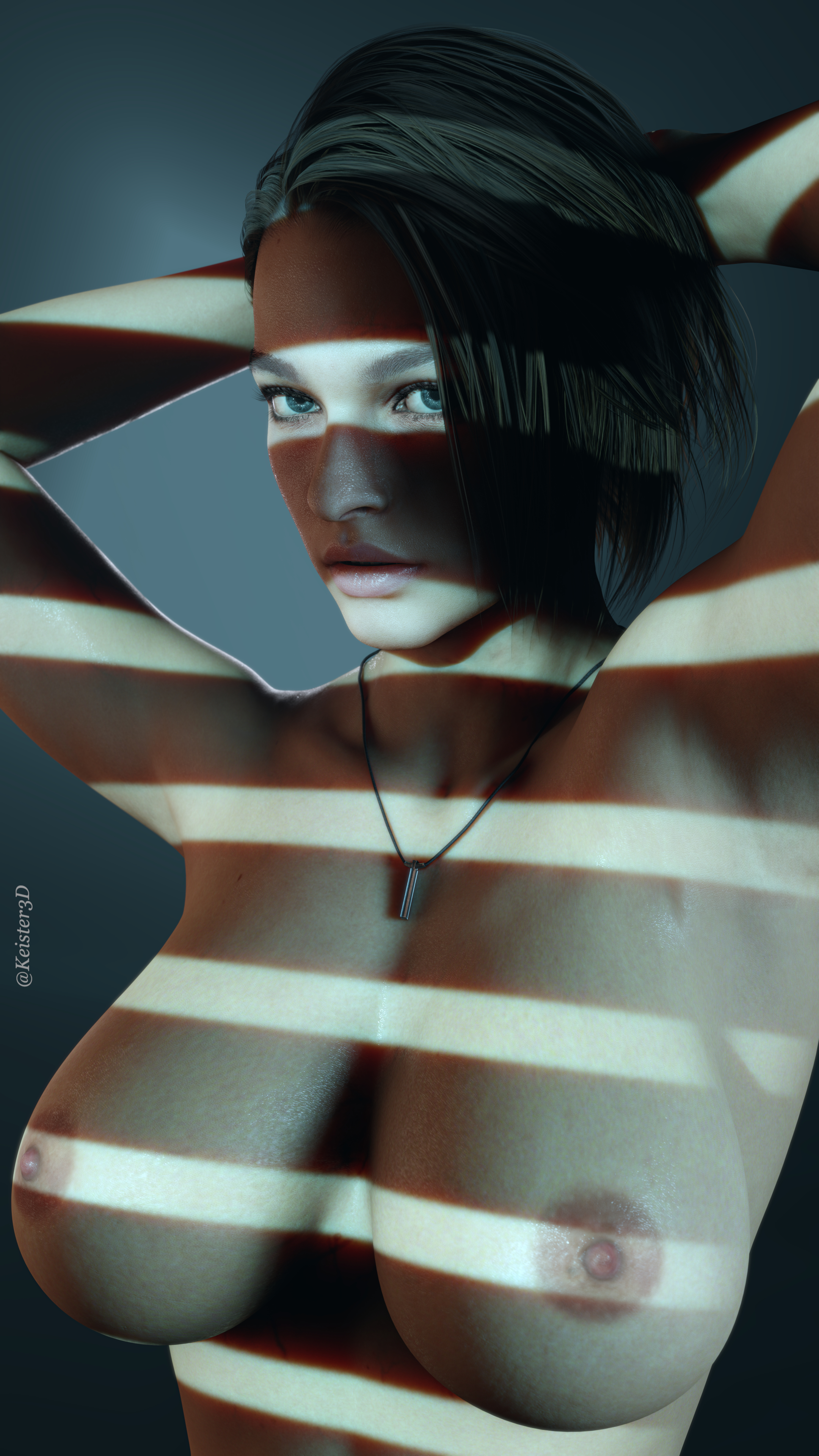 1girls, 3d, 3d (artwork), big breasts, blue eyes, breasts, brown hair, capcom, female, female only, jill valentine, jill valentine (sasha zotova), keister3d, light skin, light-skinned female, nipples, nude, resident evil, resident evil 3, resident evil 3 remake, solo, topless
