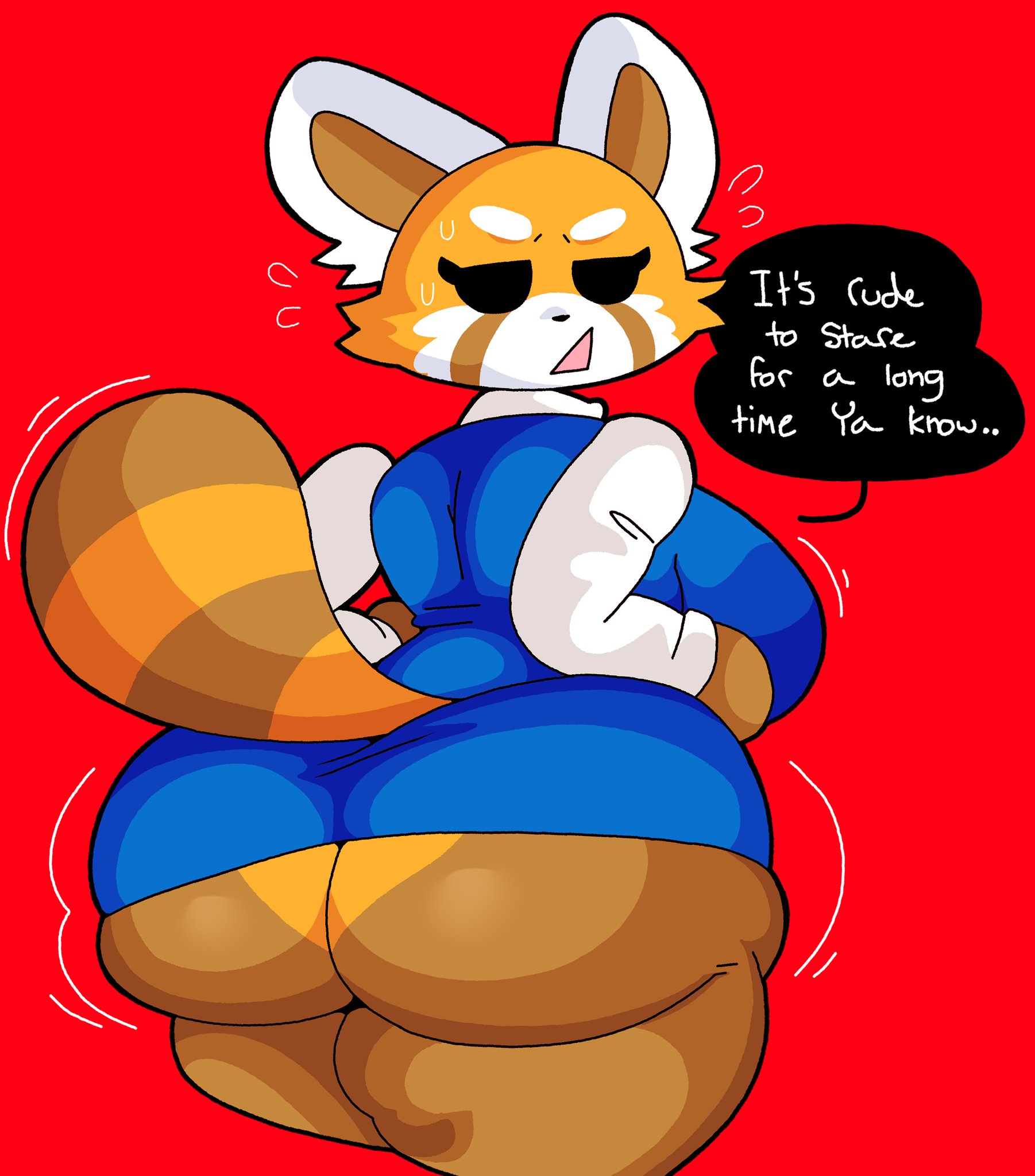 1girls, 2d, aggressive retsuko, anthro, ass, big ass, big breasts, breasts, clothed, clothing, dialogue, dork boi, dress, english text, female, fur, furry, furry only, huge ass, large ass, lewd dorky, looking at viewer, looking back, miniskirt, office lady, open mouth, red background, retsuko, sanrio, simple background, skirt, smooth skin, solo, solo female, speech bubble, tail, text, thick thighs, wide hips