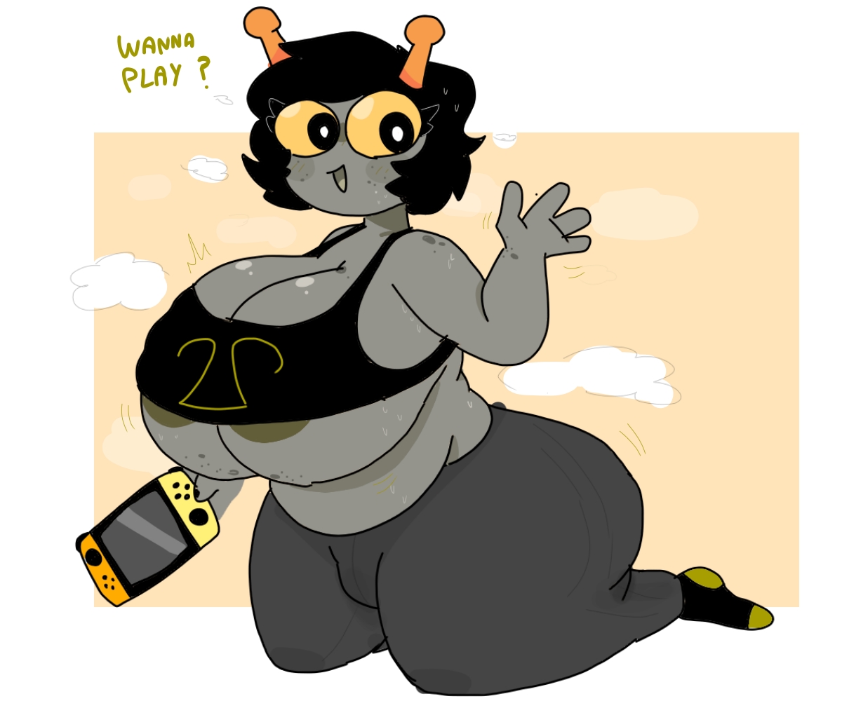 1futa, areolae, ass, big breasts, black hair, blush, breasts, bulge, chubby, clothing, dialogue, errorplush, freckles, futa only, futanari, green nipples, grey skin, homestuck, horns, huge ass, huge breasts, intersex, kneeling, leggings, looking at viewer, ms paint adventures, nintendo switch, open mouth, original character, short hair, smile, socks, solo, source request, sports bra, sweat, text, thick thighs, troll, waving, wide hips, yellow eyes, yoga pants