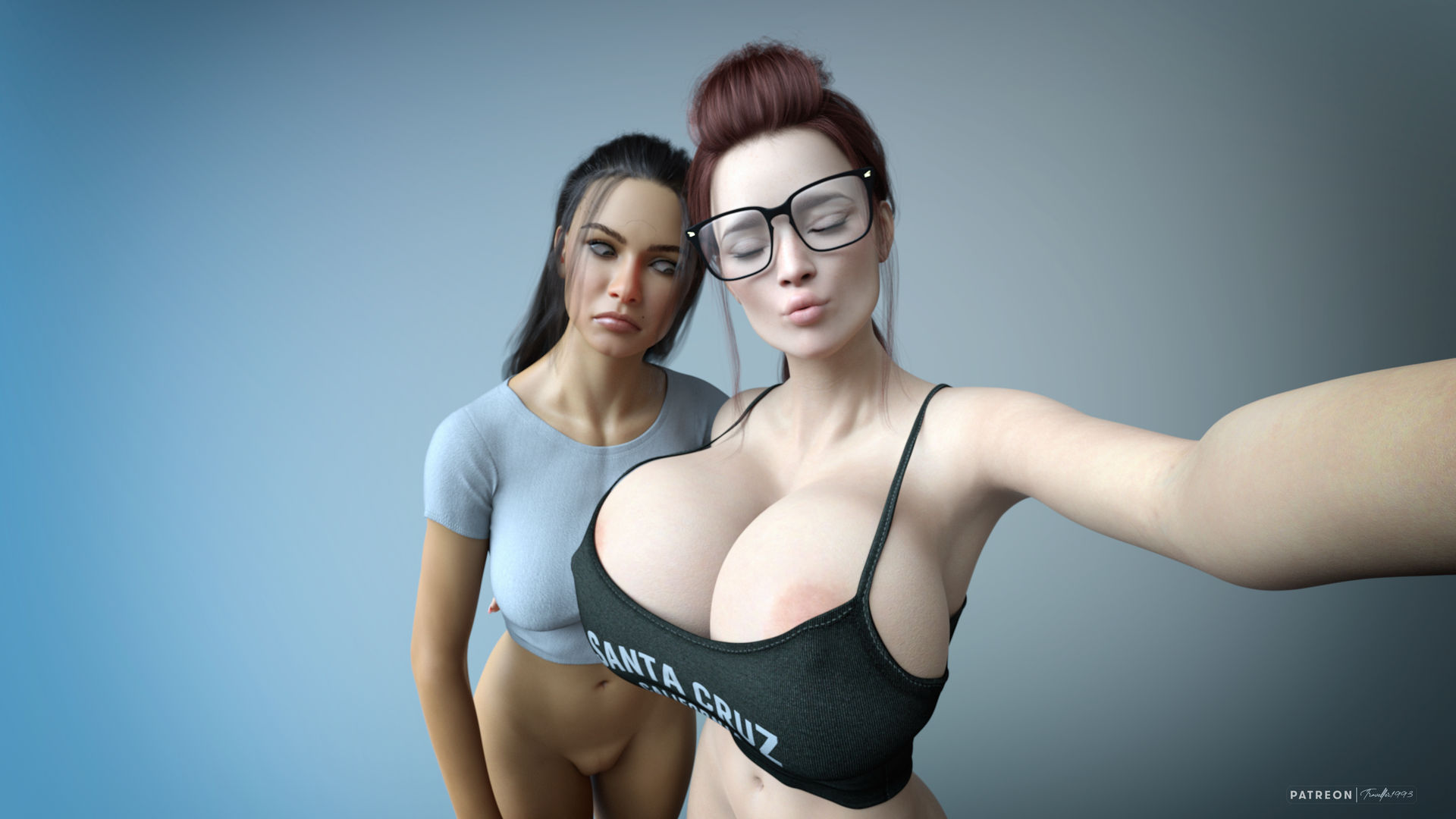 2girls, 3d, bimbo, breast envy, breast size difference, breasts, breasts bigger than head, envy, erect nipples, female, glasses, huge breasts, nipples, nipples visible through clothing, original, selfie, sisters, traveller1993