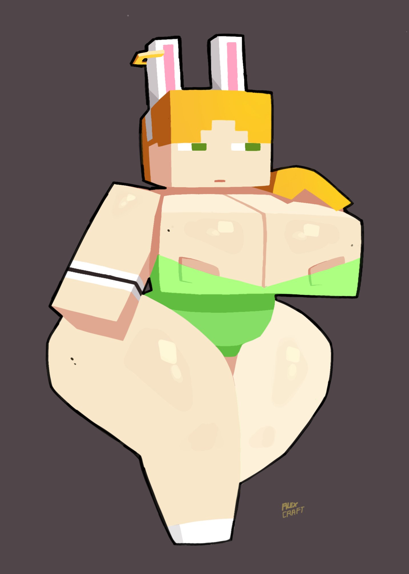 alex (minecraft), artist request, big ass, big breasts, bunny ears, bunnysuit, fat ass, freckles, ginger, ginger female, huge ass, huge breasts, large breasts, massive breasts, minecraft, nipple slip, round ass, square (anatomy), square breasts, square head, sweatdrop, thick thighs, thighhighs, thighs