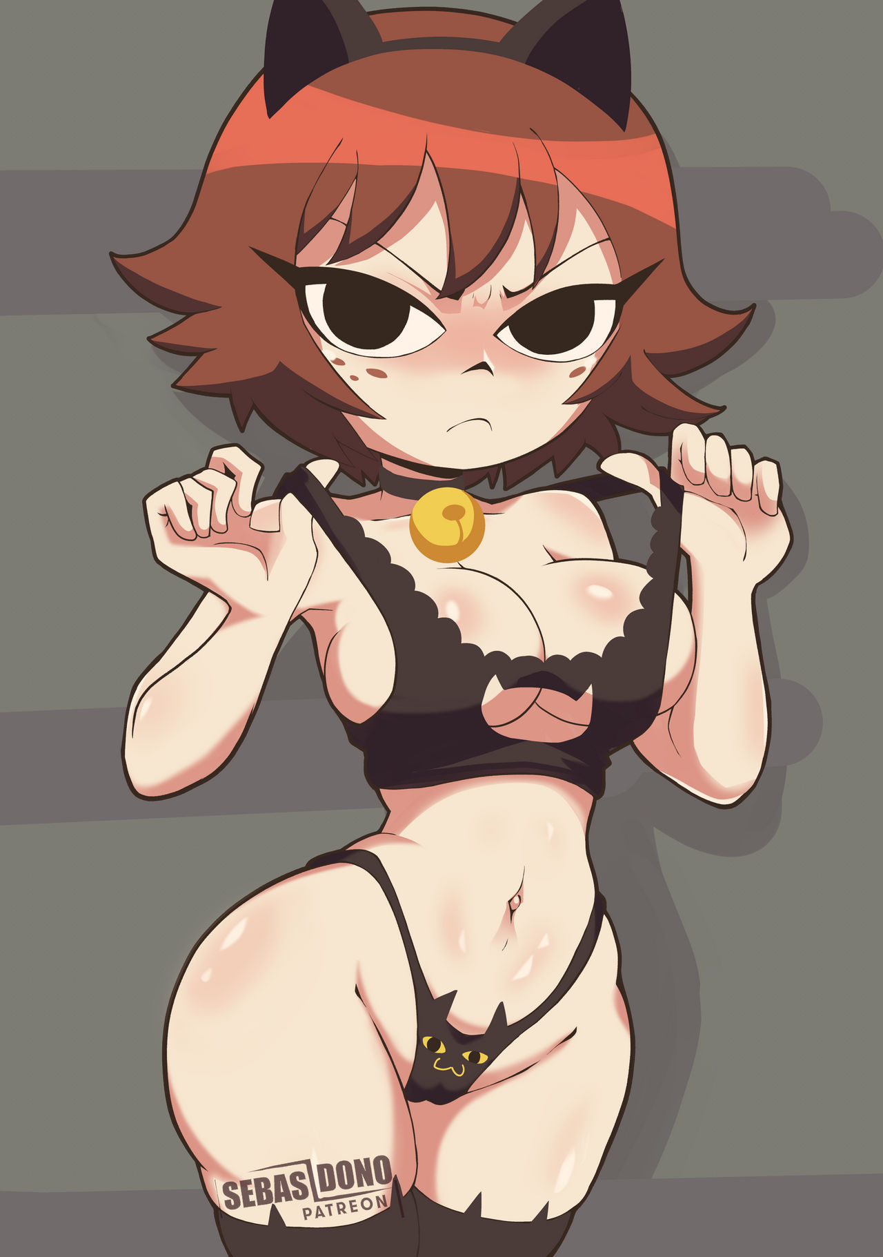 artist name, auburn hair, big breasts, black eyes, breasts, cat bell, cat ears, cat panties, choker, freckles, freckles on face, kim pine, looking at viewer, panties, red hair, scott pilgrim, sebasdono, stockings, tank top, thighhighs