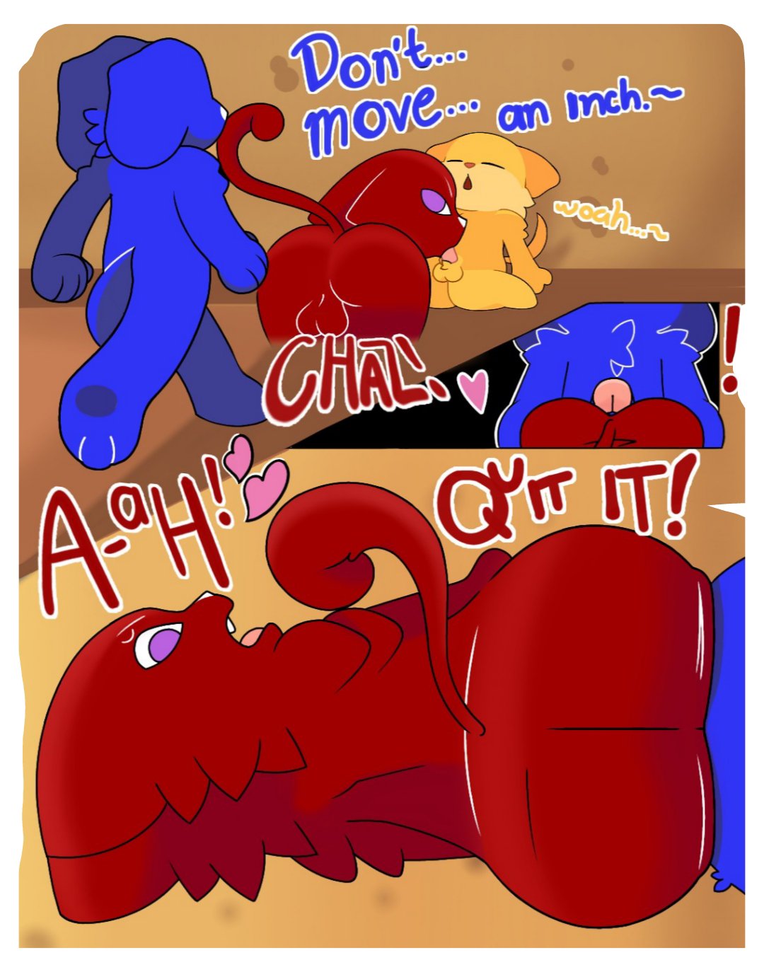 3boys, anal, anal insertion, anal penetration, anal sex, andy, anthro, anthro on anthro, anthro only, artist request, ass, ass focus, balls, ballsack, blue body, blue fur, butt, butt focus, canid, canine, cat, cat ears, cat tail, chaz barkley, chaz barkley(bruce bronze), cock, copyright request, cub, dick, dog, dog ears, dog tail, felid, feline, floppy ears, furry, furry male, furry only, gay, gay male, gay sex, looking at another, looking at partner, looking back, looking back at partner, male, male cub, male only, mascot horror, moan, moaning, moaning in pleasure, older male and younger male, penis, penis in ass, red body, red fur, riley augestine, riley augestine(bruce bronze), sucking, sucking penis, text, yellow body, yellow fur, young, young anthro, young male, younger anthro, younger male