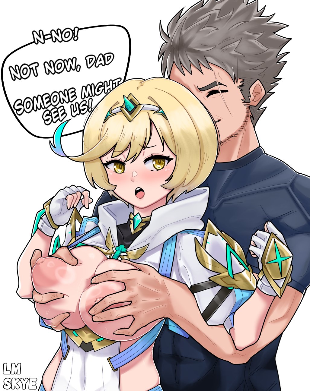 1boy, 1girls, age difference, areolae, blonde hair, blushing, blushing female, breast fondling, breast grab, breast grope, breast squeeze, breasts, breasts out, daughter, embarrassed, embarrassed female, exposed breasts, father, father and daughter, fondling, grabbing, grabbing another's breast, grabbing breasts, grabbing from behind, groping, incest, incest (lore), large breasts, lm-skye, nipples, older male, older male and younger female, parent and child, puffy nipples, rex (xenoblade), rex (xenoblade) (future redeemed), shimmer (xenoblade), short hair, squeezing breasts, xenoblade (series), xenoblade chronicles 3, xenoblade chronicles 3: future redeemed, young, young female, younger female