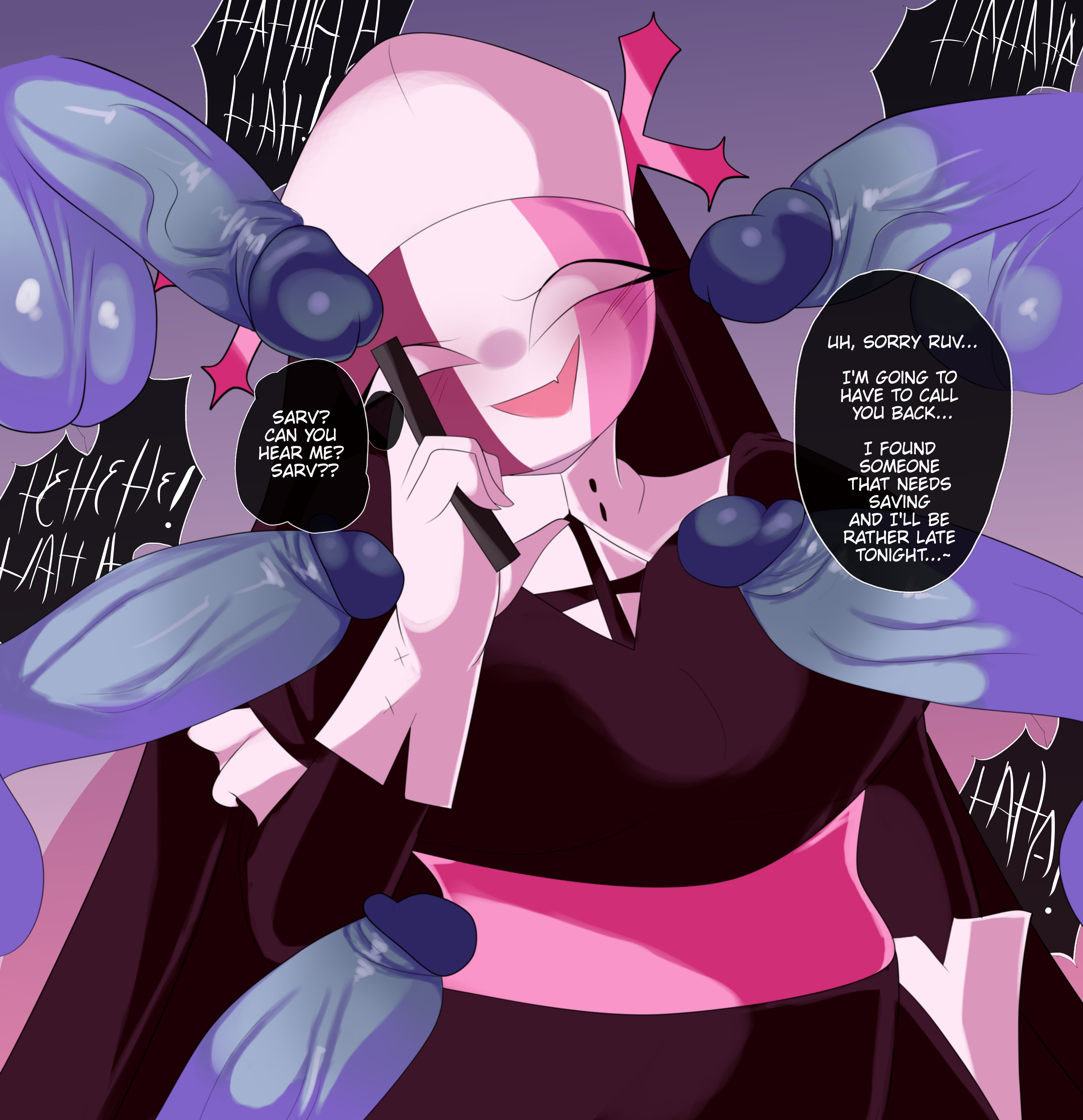 blush, blush lines, breasts, cheating, fat cock, friday night funkin, imminent sex, laugh, laughing, mid fight masses, multiple boys, multiple dicks, nervous, nervous smile, netorare, ntr, nun hat, nun outfit, phone, phone in hand, pink body, roycew 303, sarvente (dokki.doodlez), surrounded by penises, thick penis, veiny penis, white eyes